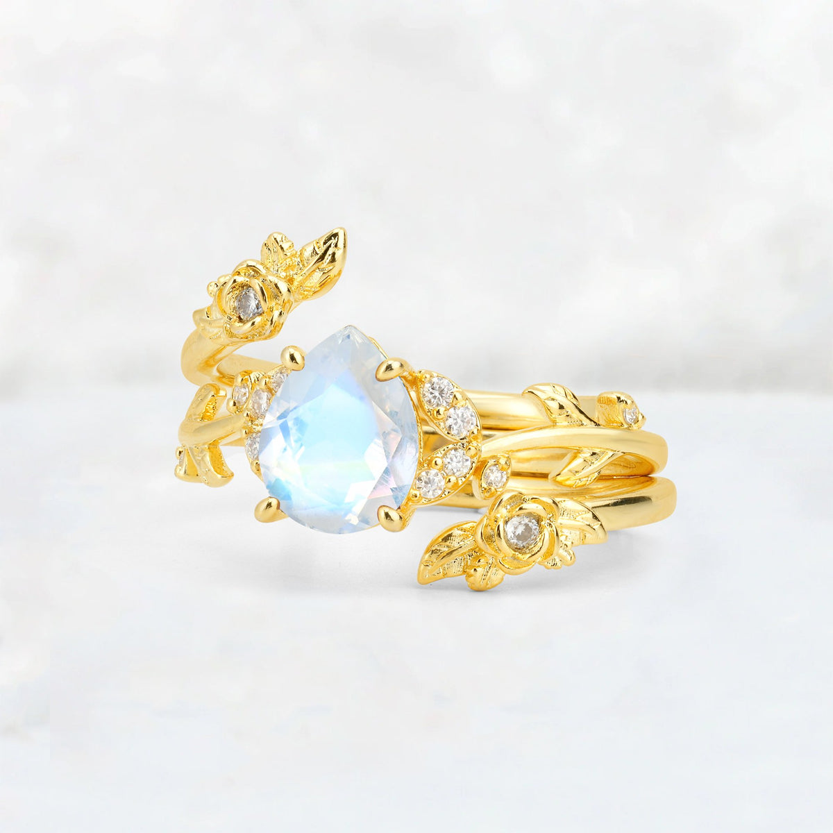 Pear Cut Moonstone Floral Vine Bridal Ring Set - Additional view