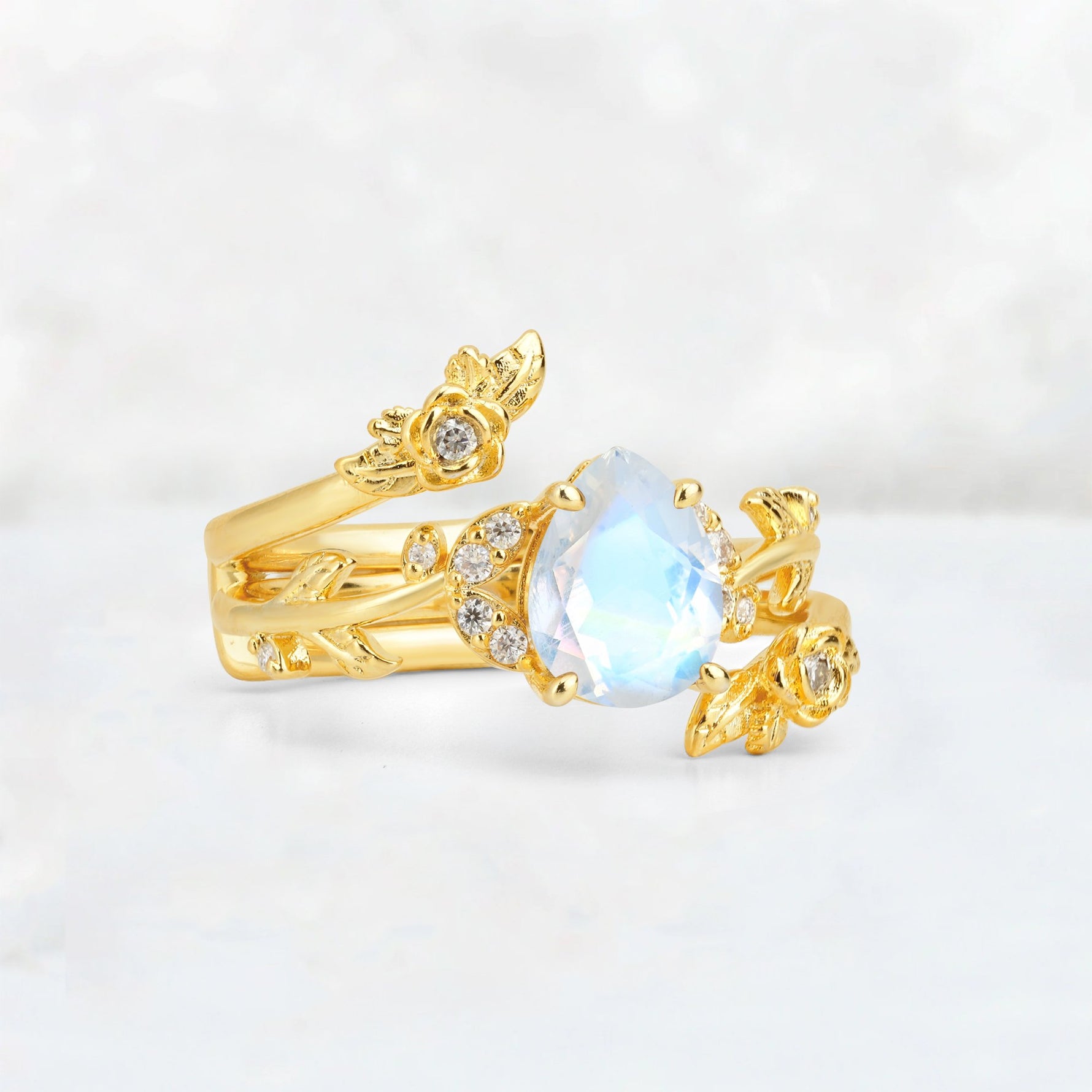 Pear Cut Moonstone Floral Vine Bridal Ring Set - Additional view