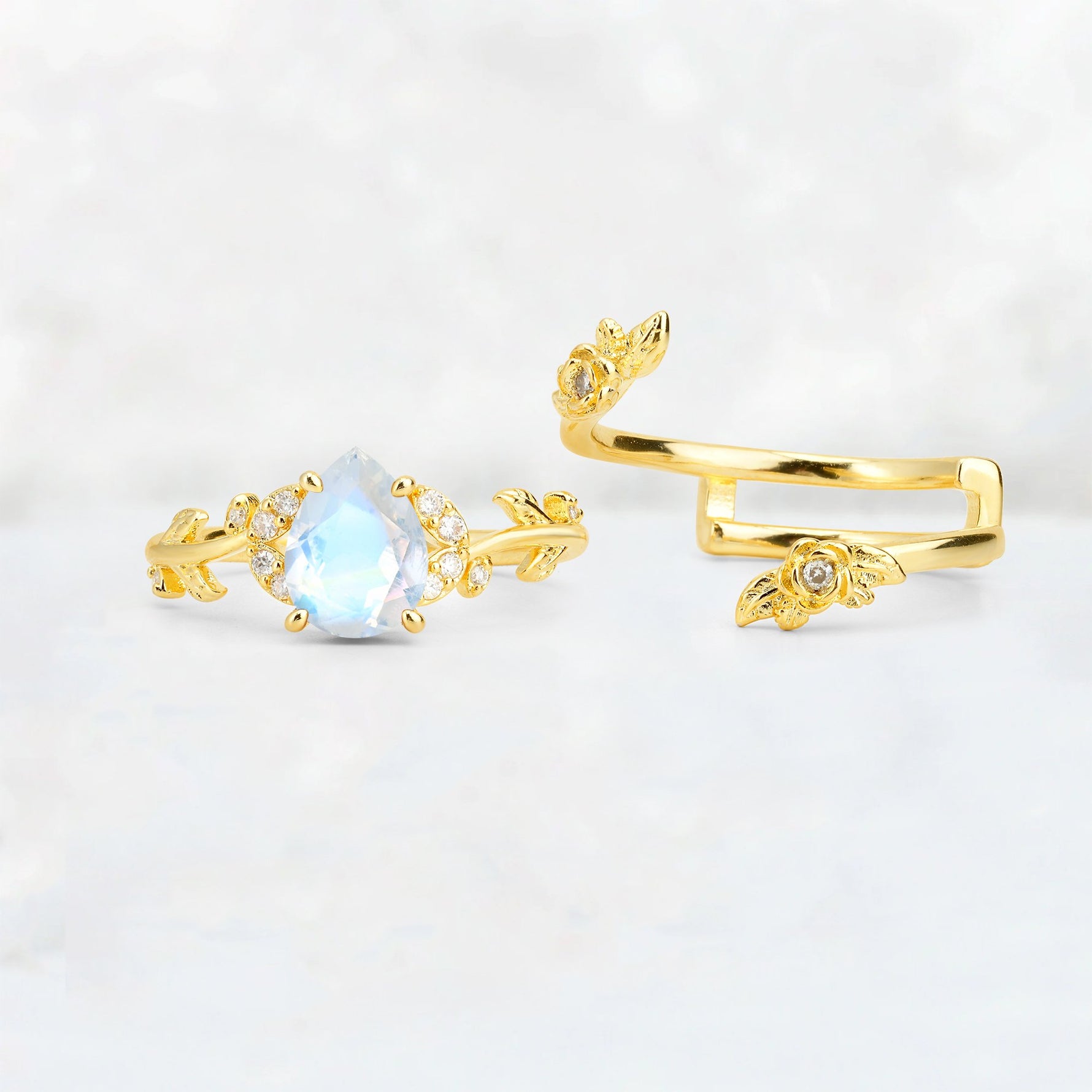 Pear Cut Moonstone Floral Vine Bridal Ring Set - Additional view
