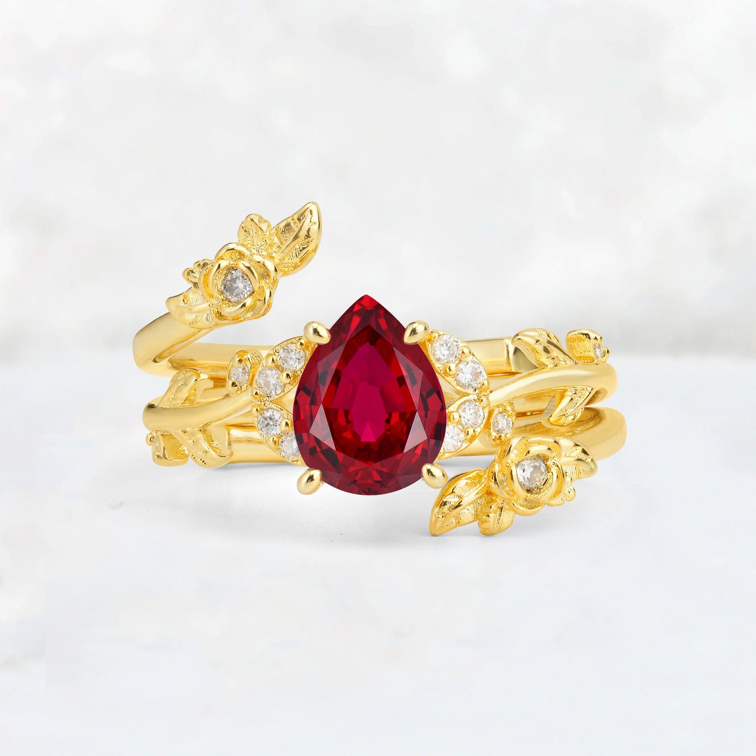 Pear Cut Ruby Floral Vine Bridal Ring Set - Additional view