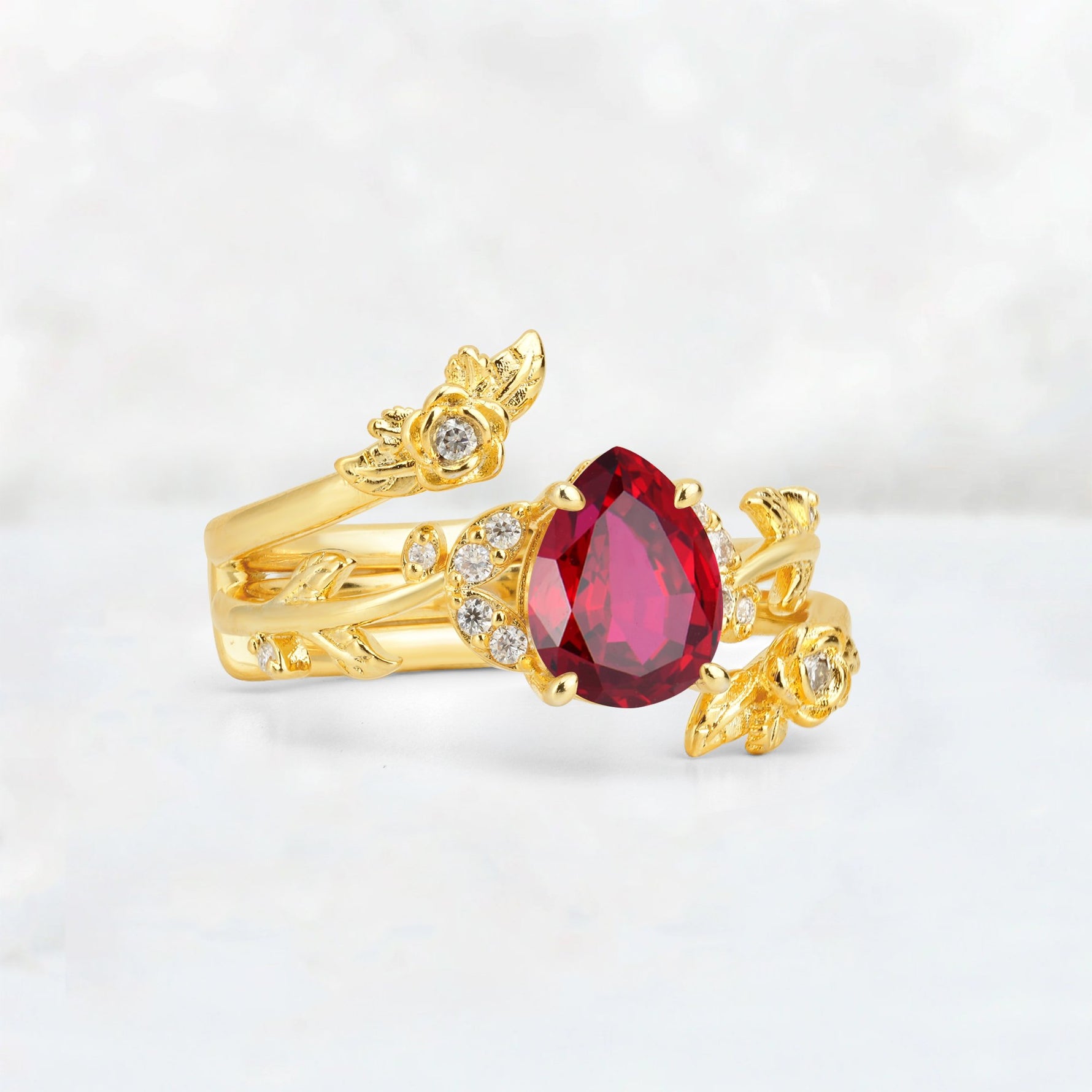 Pear Cut Ruby Floral Vine Bridal Ring Set - Additional view