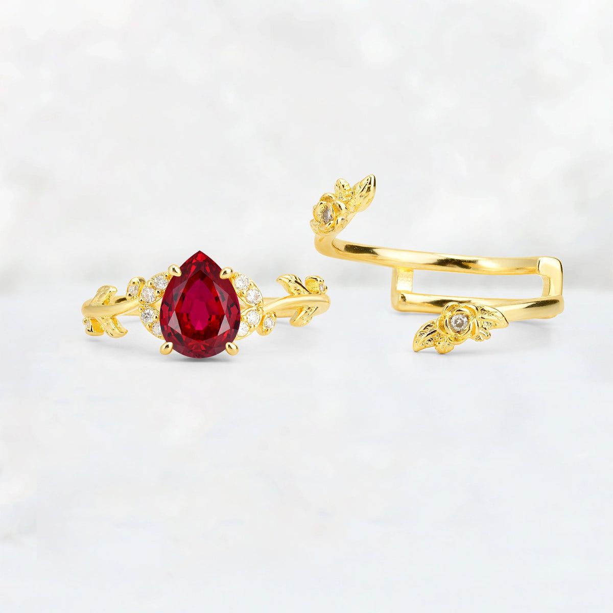 Pear Cut Ruby Floral Vine Bridal Ring Set - Additional view
