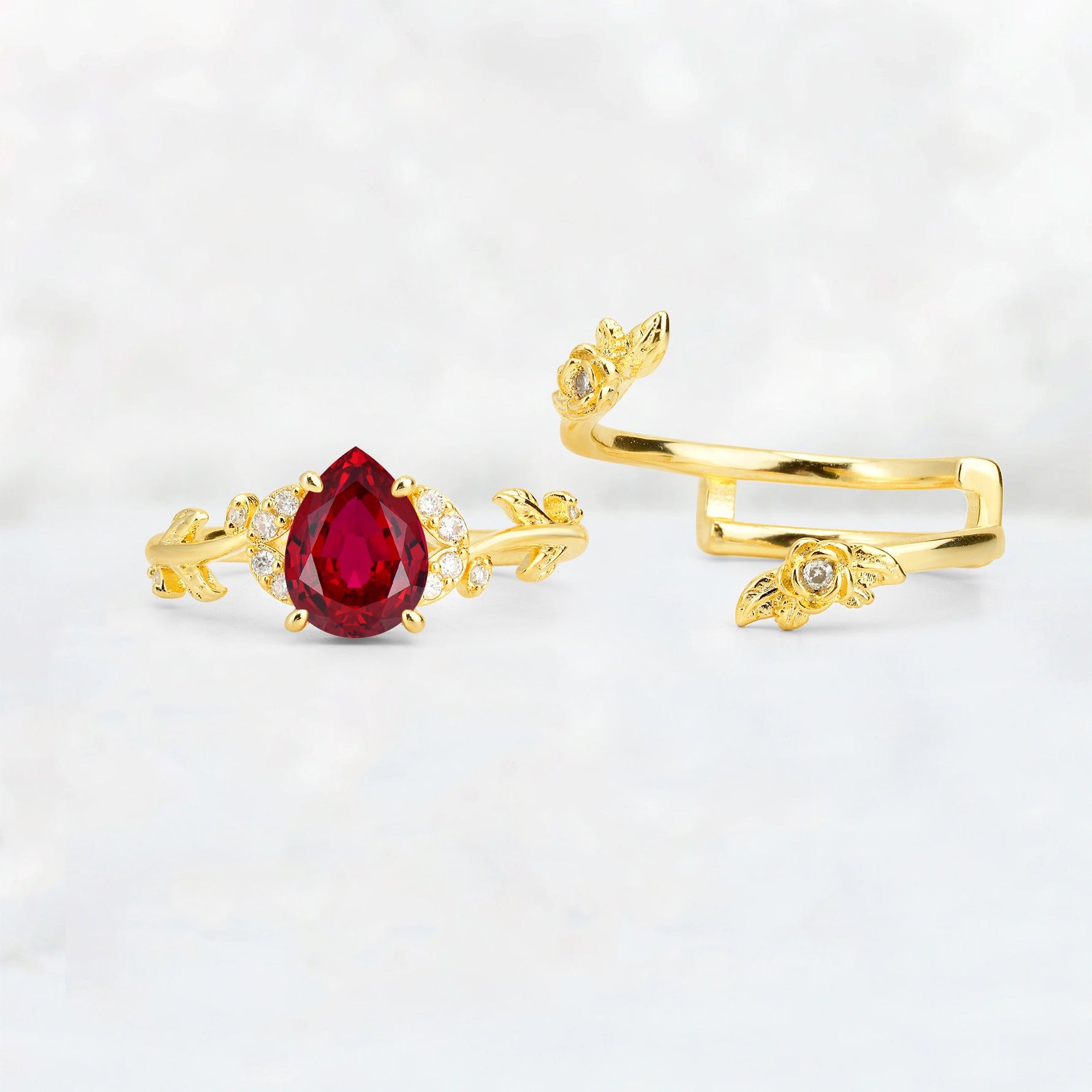 Pear Cut Ruby Floral Vine Bridal Ring Set - Additional view