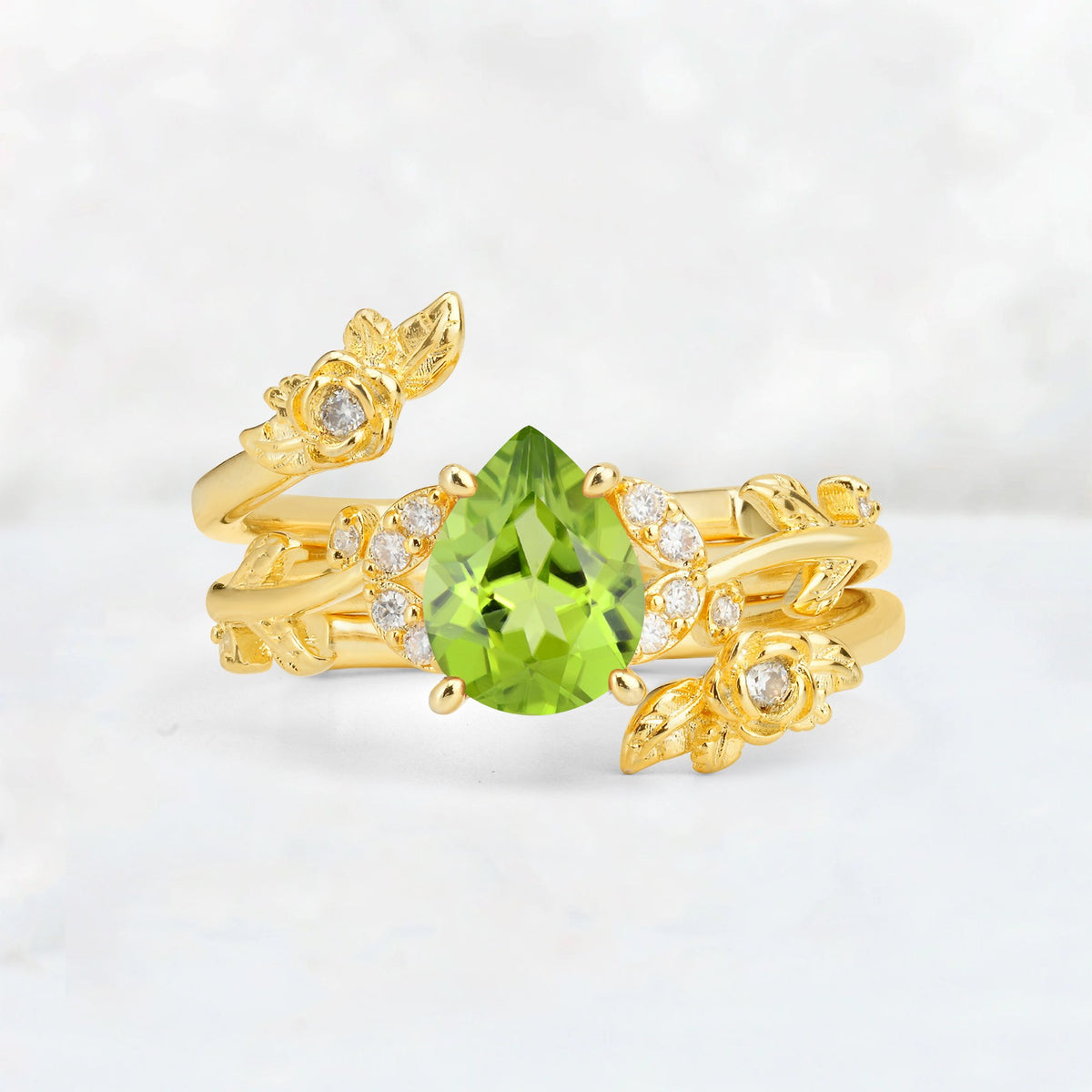Pear Cut Peridot Floral Vine Bridal Ring Set - Additional view