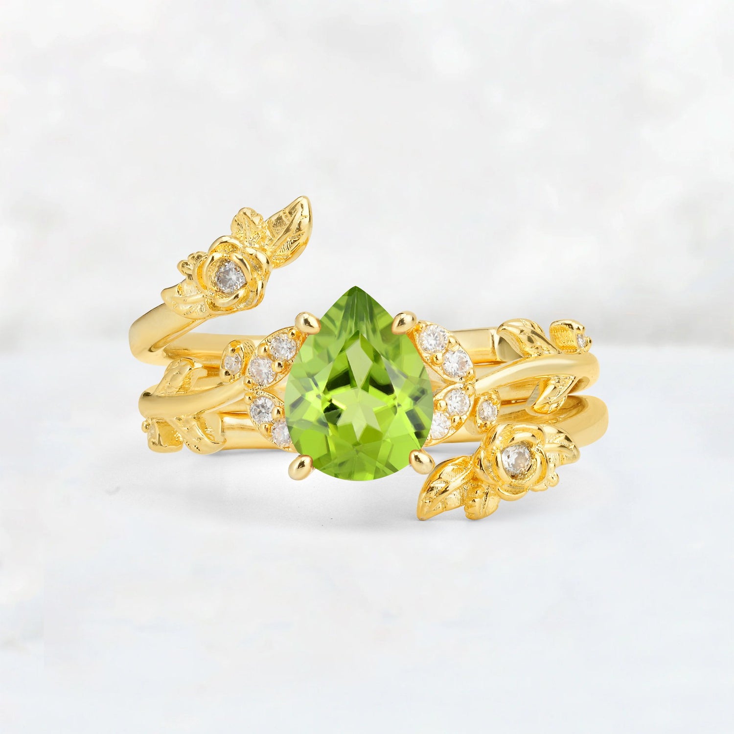 Pear Cut Peridot Floral Vine Bridal Ring Set - Additional view