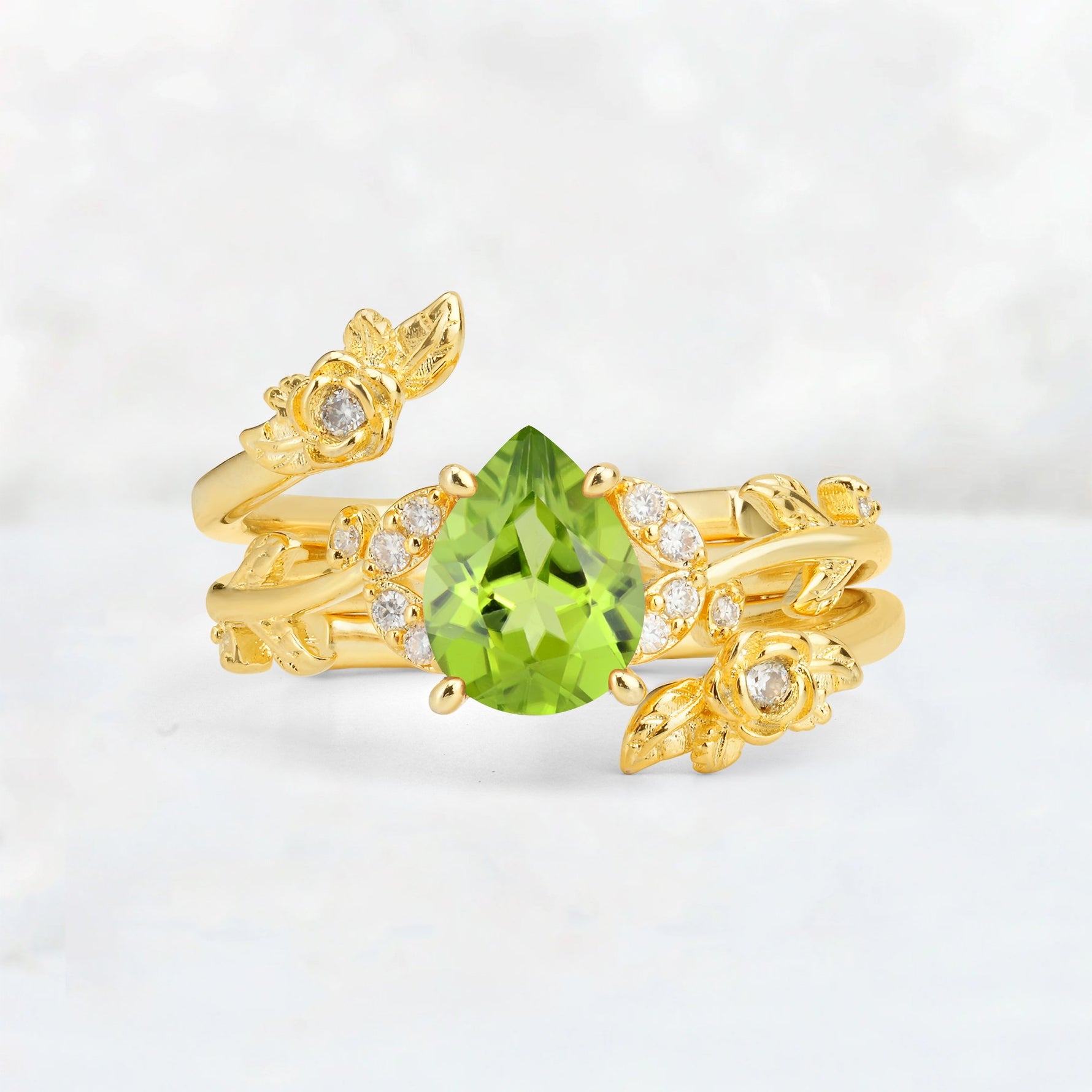 Pear Cut Peridot Floral Vine Bridal Ring Set - Additional view
