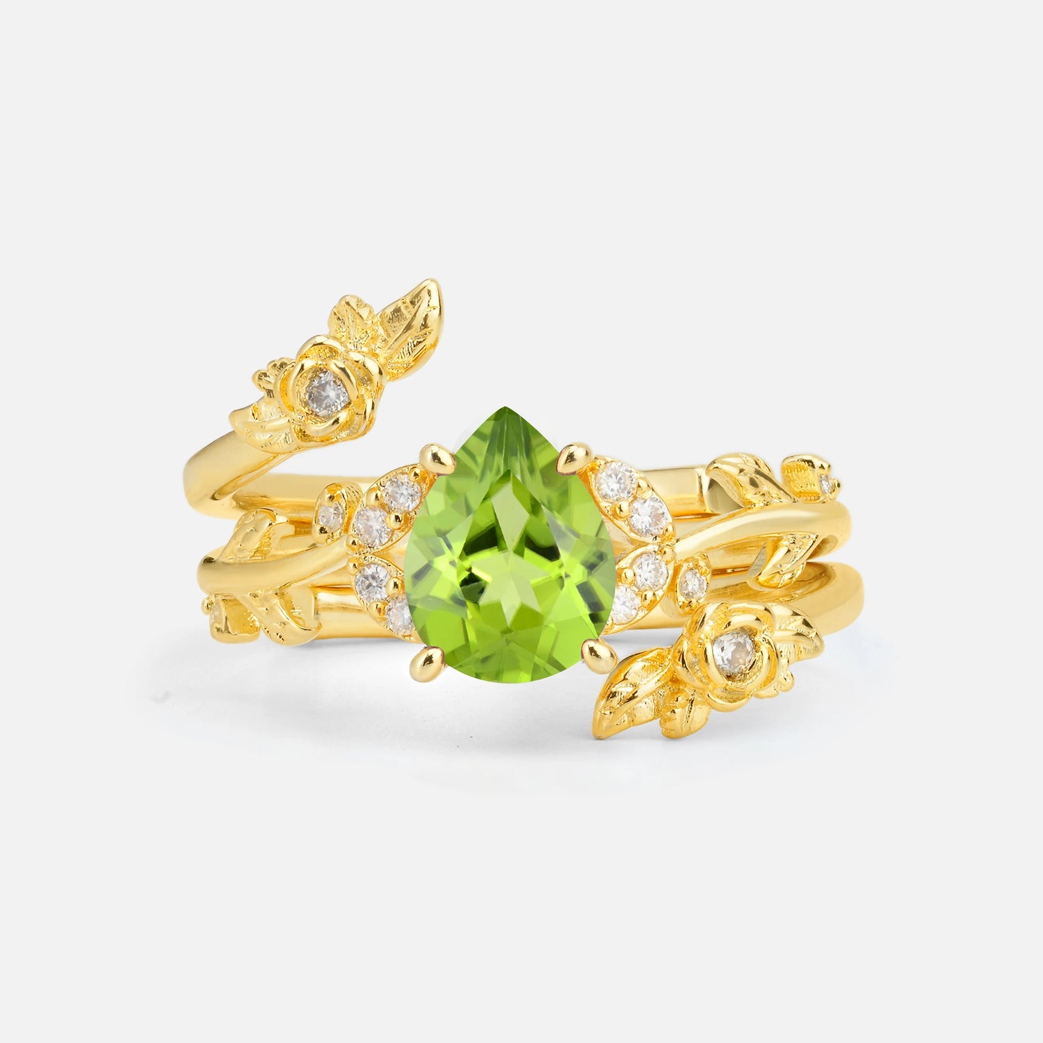 Pear Cut Peridot Floral Vine Bridal Ring Set