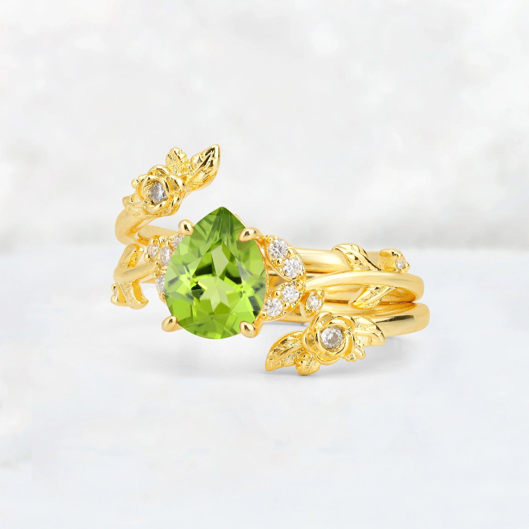 Pear Cut Peridot Floral Vine Bridal Ring Set - Additional view
