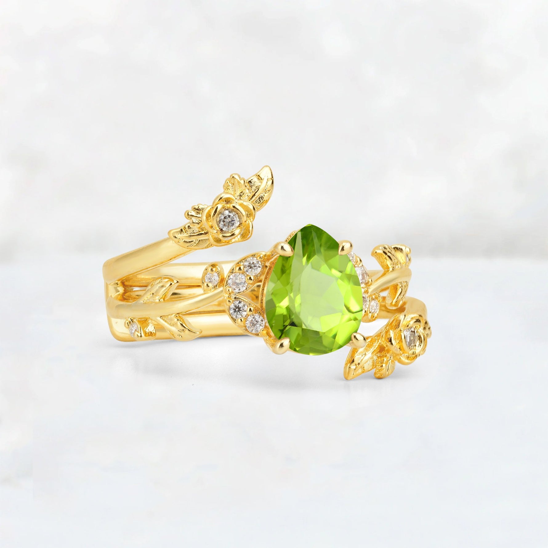 Pear Cut Peridot Floral Vine Bridal Ring Set - Additional view