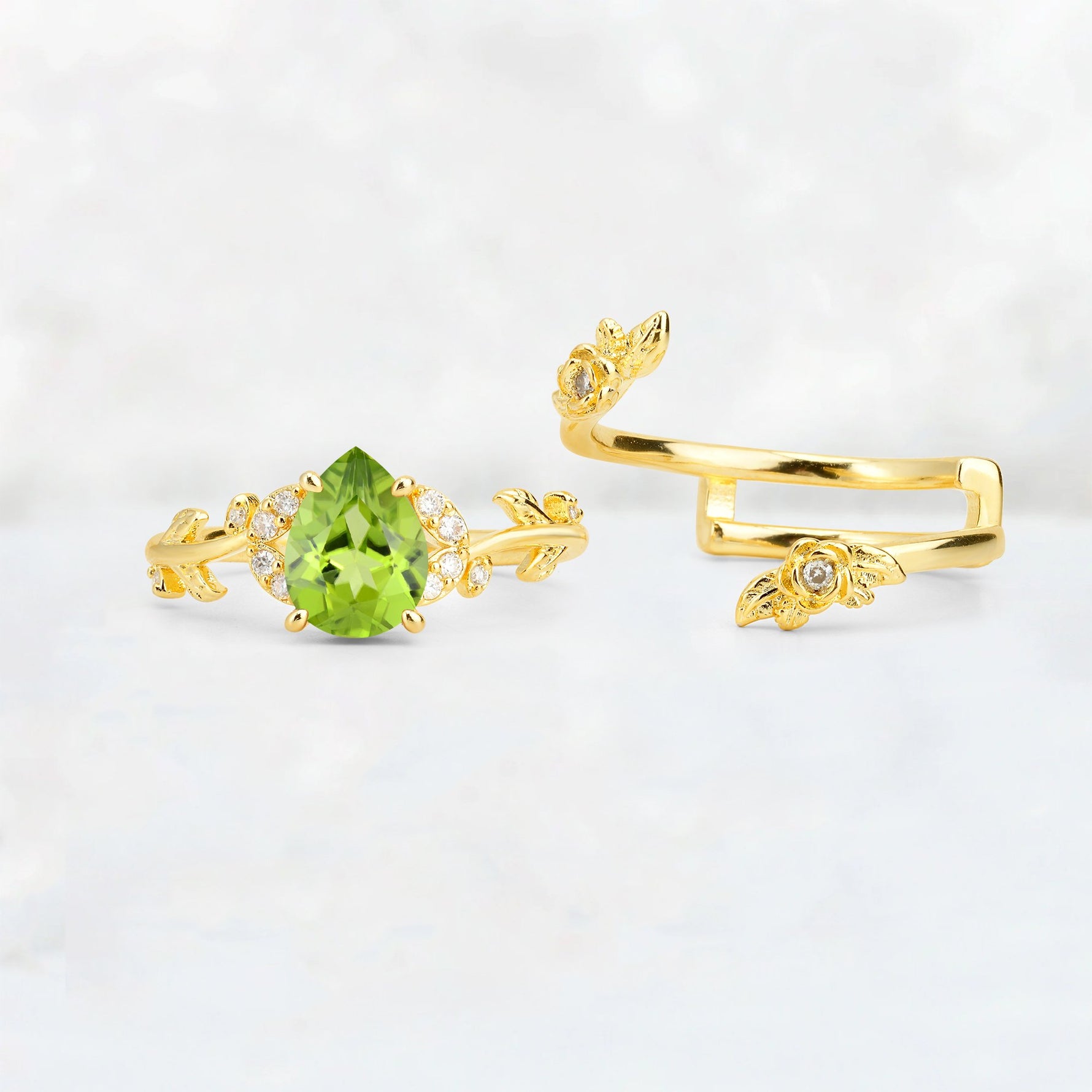 Pear Cut Peridot Floral Vine Bridal Ring Set - Additional view
