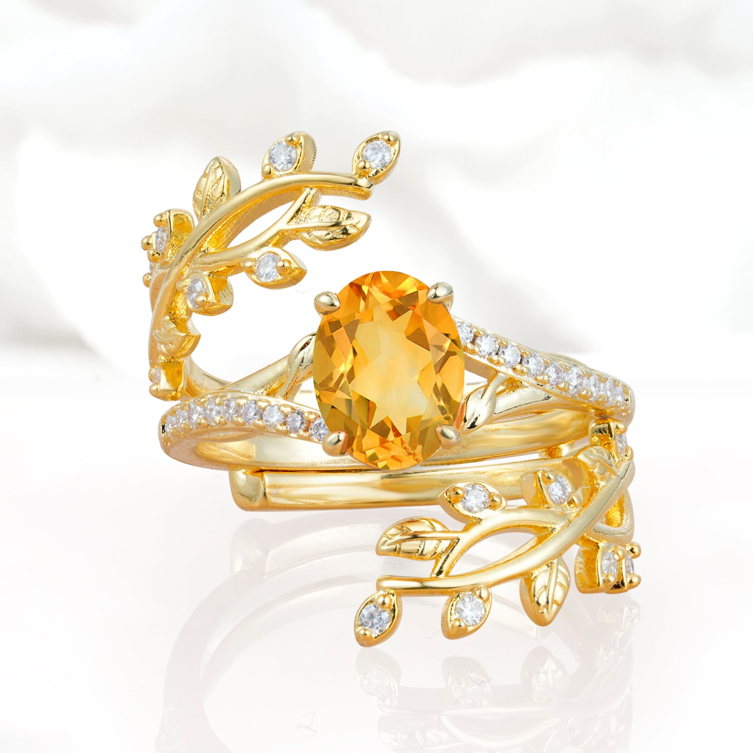 Nature-Inspired Gold Leaf Citrine Bridal Ring Set with Oval Cut