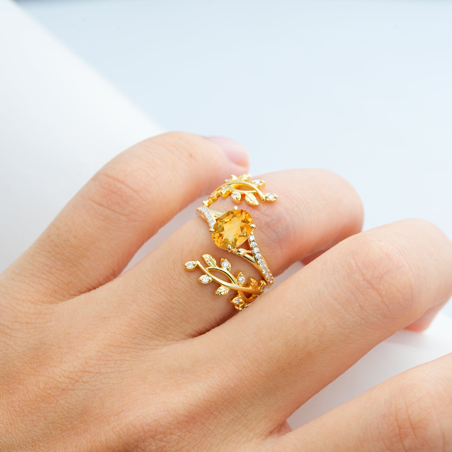 Nature-Inspired Gold Leaf Citrine Bridal Ring Set with Oval Cut
