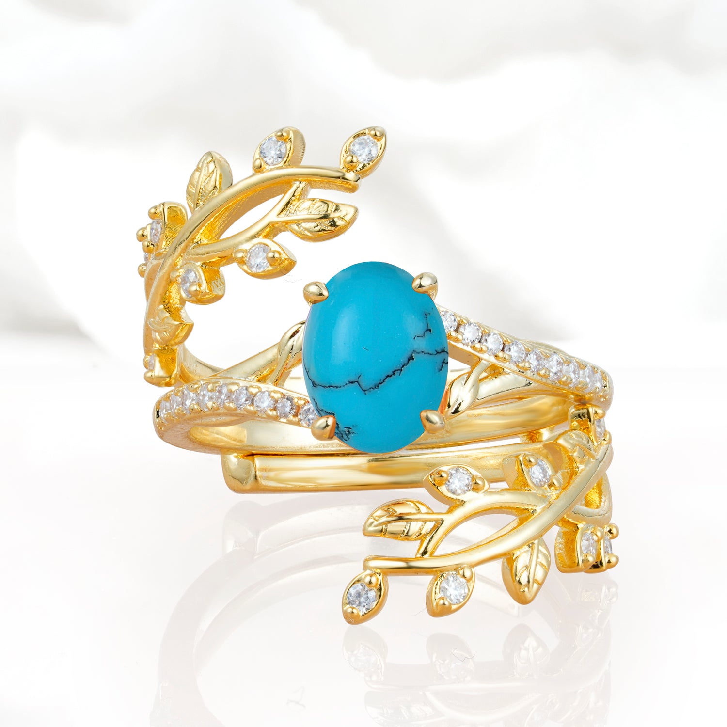 Nature-Inspired Gold Leaf Turquoise Bridal Ring Set with Oval Cut
