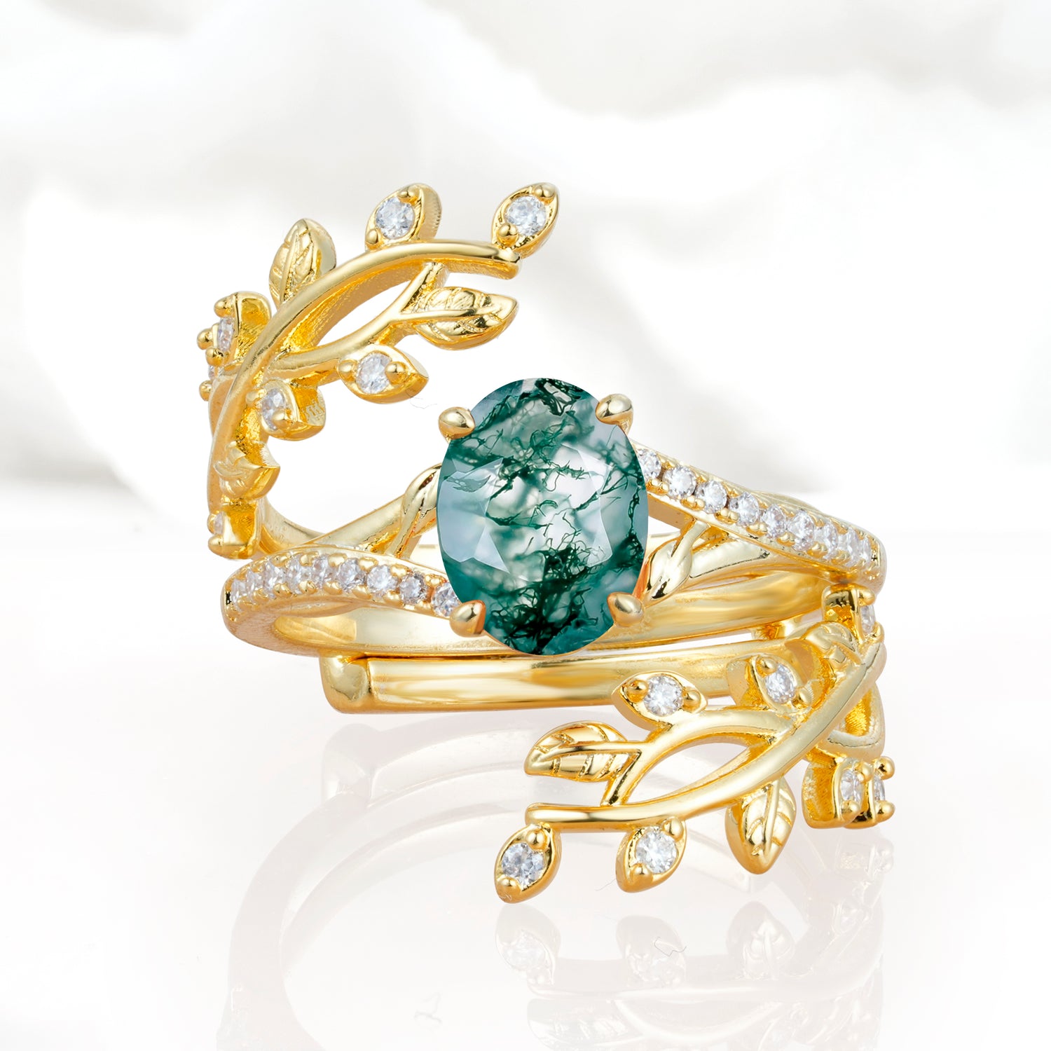 Nature-Inspired Gold Leaf Moss Agate Bridal Ring Set with Oval Cut