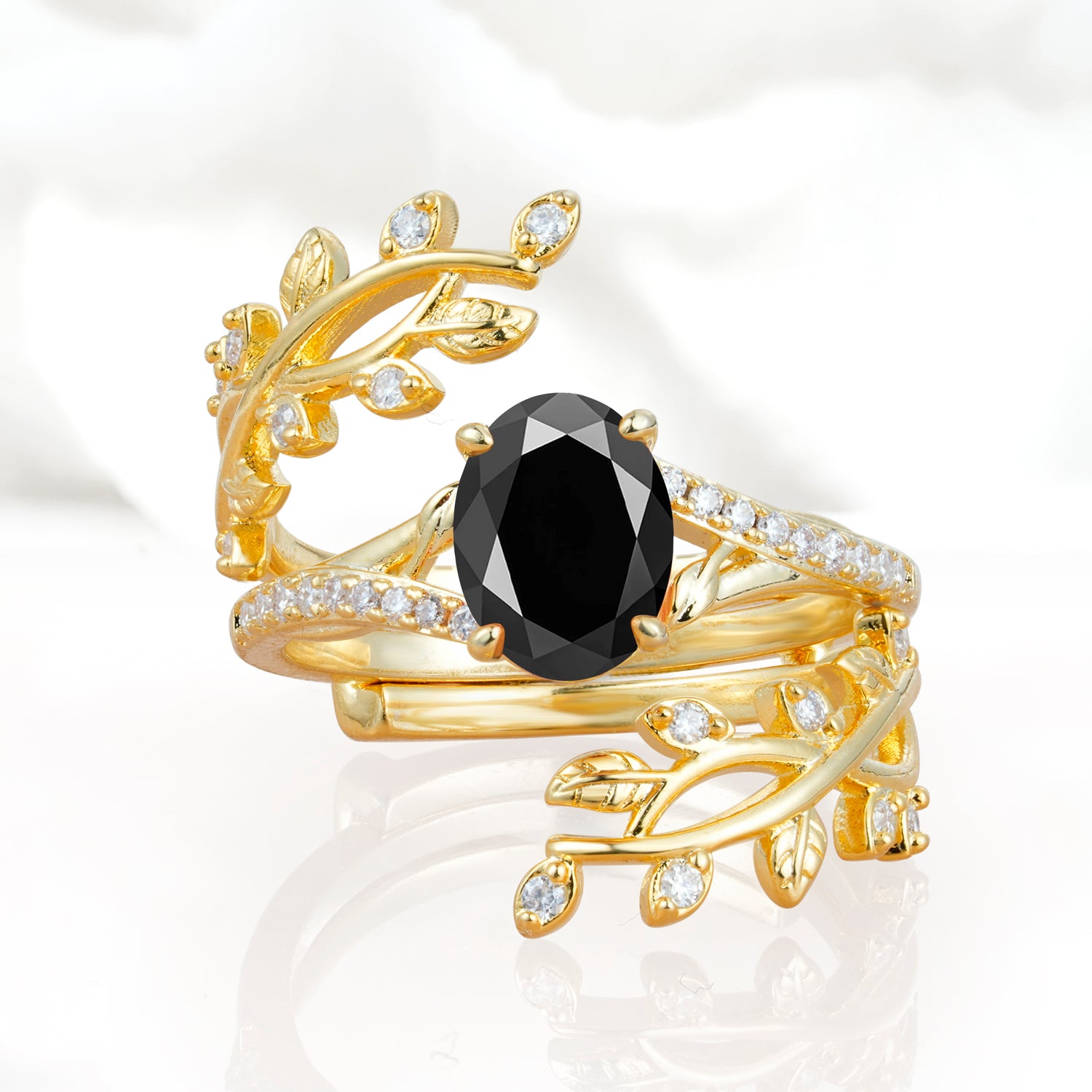 Nature-Inspired Gold Leaf Black Onyx Bridal Ring Set with Oval Cut