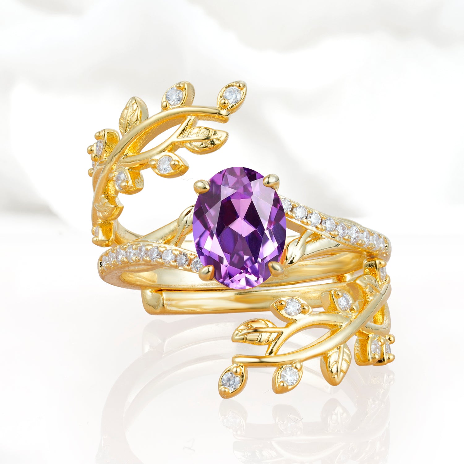 Nature-Inspired Gold Leaf Amethyst Bridal Ring Set with Oval Cut