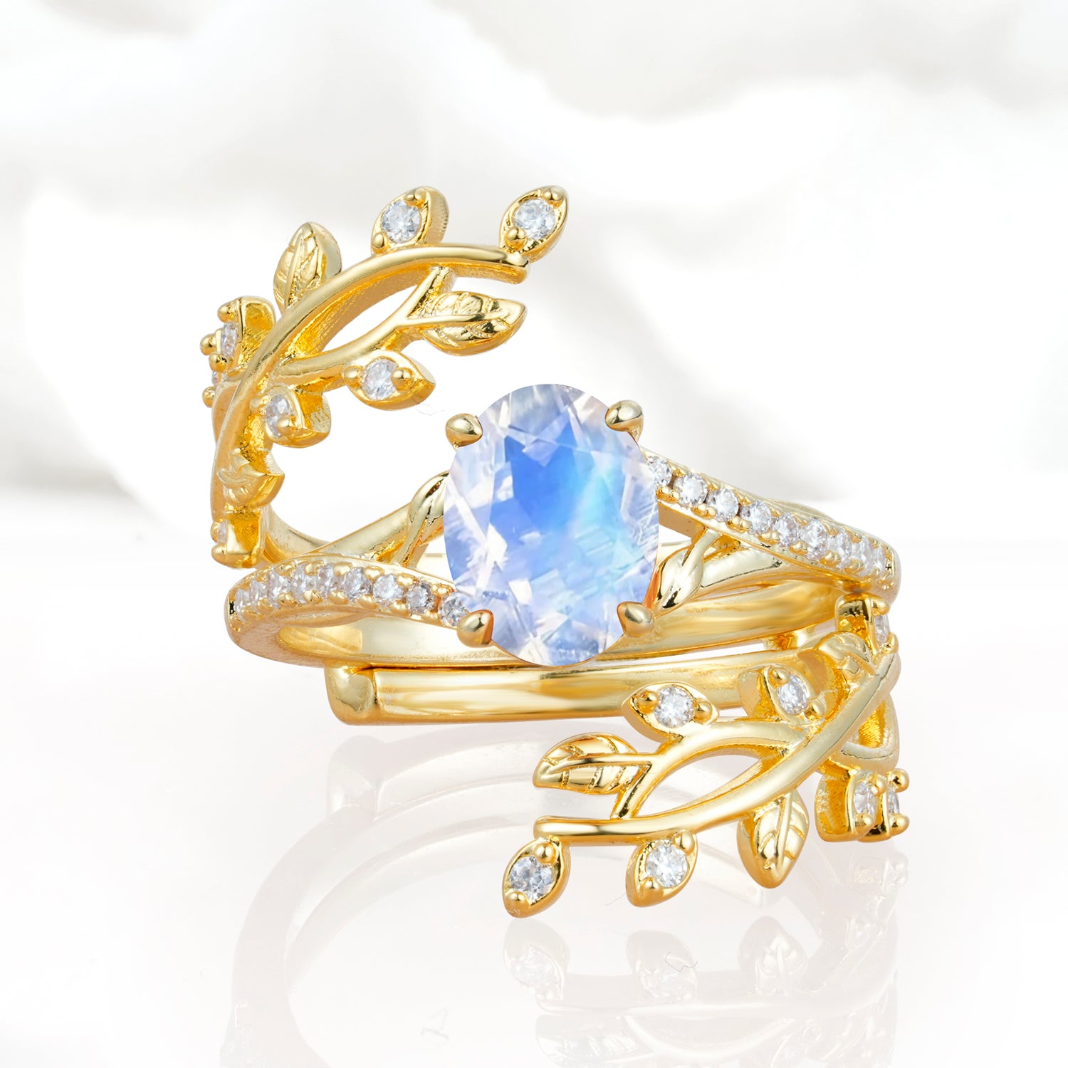 Nature-Inspired Gold Leaf Moonstone Bridal Ring Set with Oval Cut