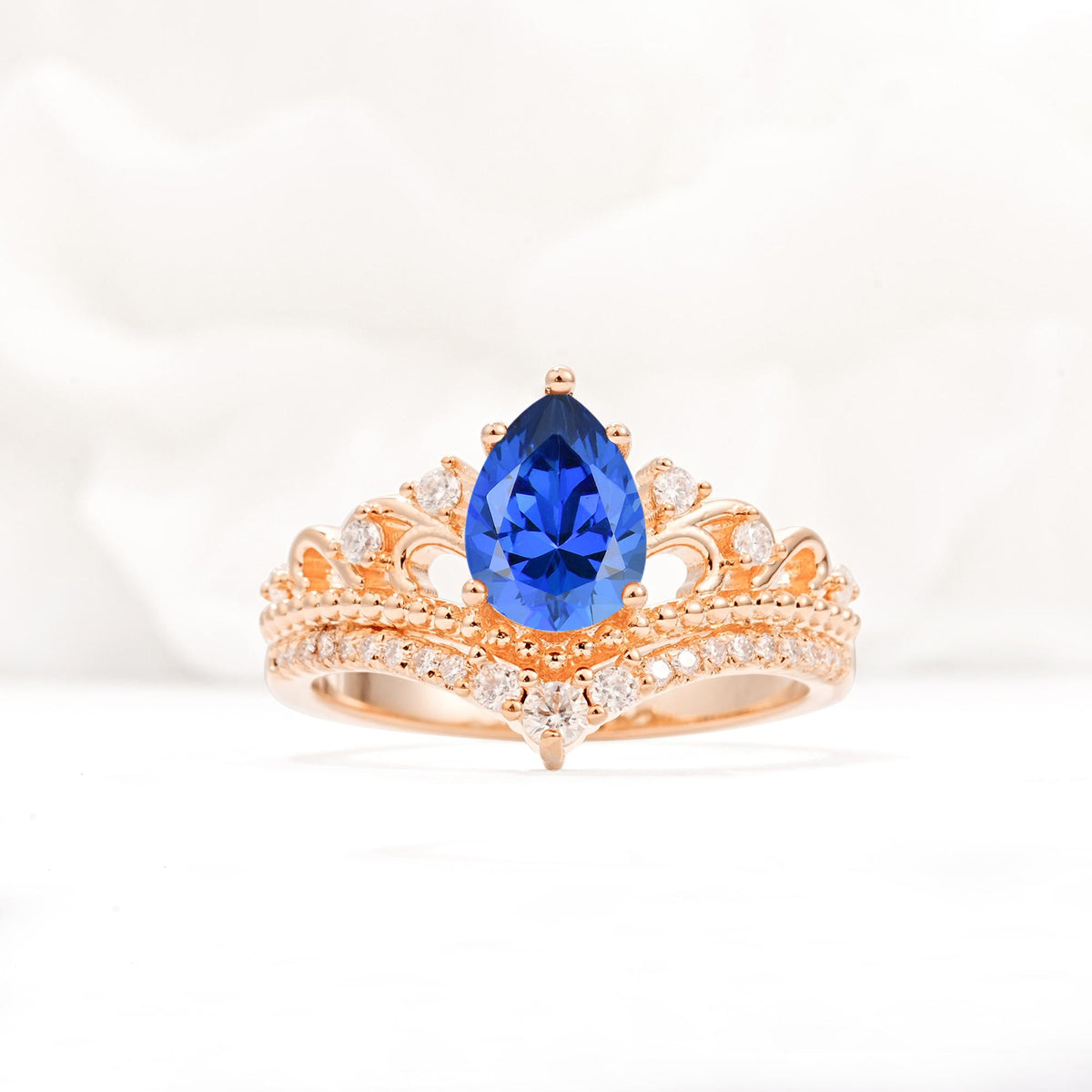 Vintage Pear Cut Sapphire Crown Engagement Ring Set - Additional view