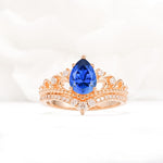 Vintage Pear Cut Sapphire Crown Engagement Ring Set - Additional view