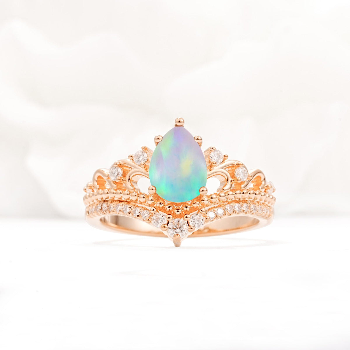 Vintage Pear Cut Fire Opal Crown Engagement Ring Set - Additional view