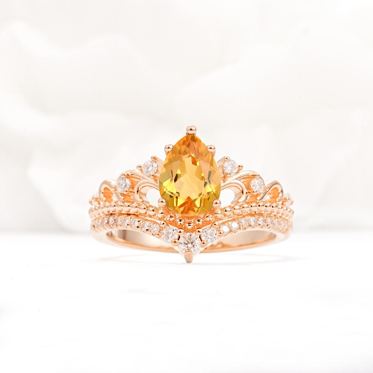 Vintage Pear Cut Citrine Crown Engagement Ring Set - Additional view