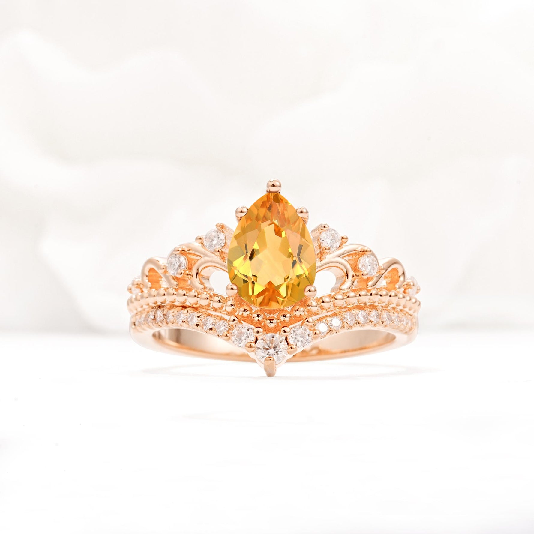 Vintage Pear Cut Citrine Crown Engagement Ring Set - Additional view