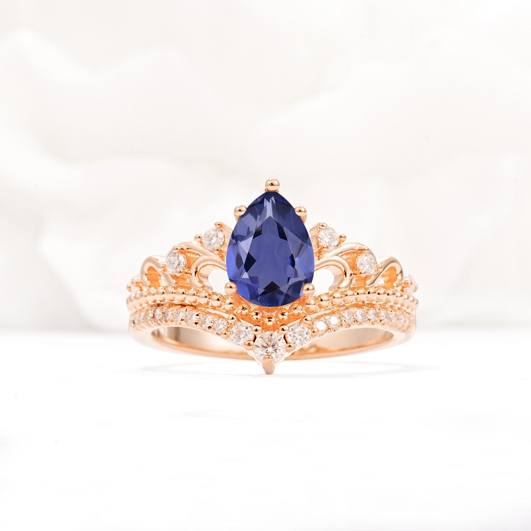 Vintage Pear Cut Tanzanite Crown Engagement Ring Set - Additional view