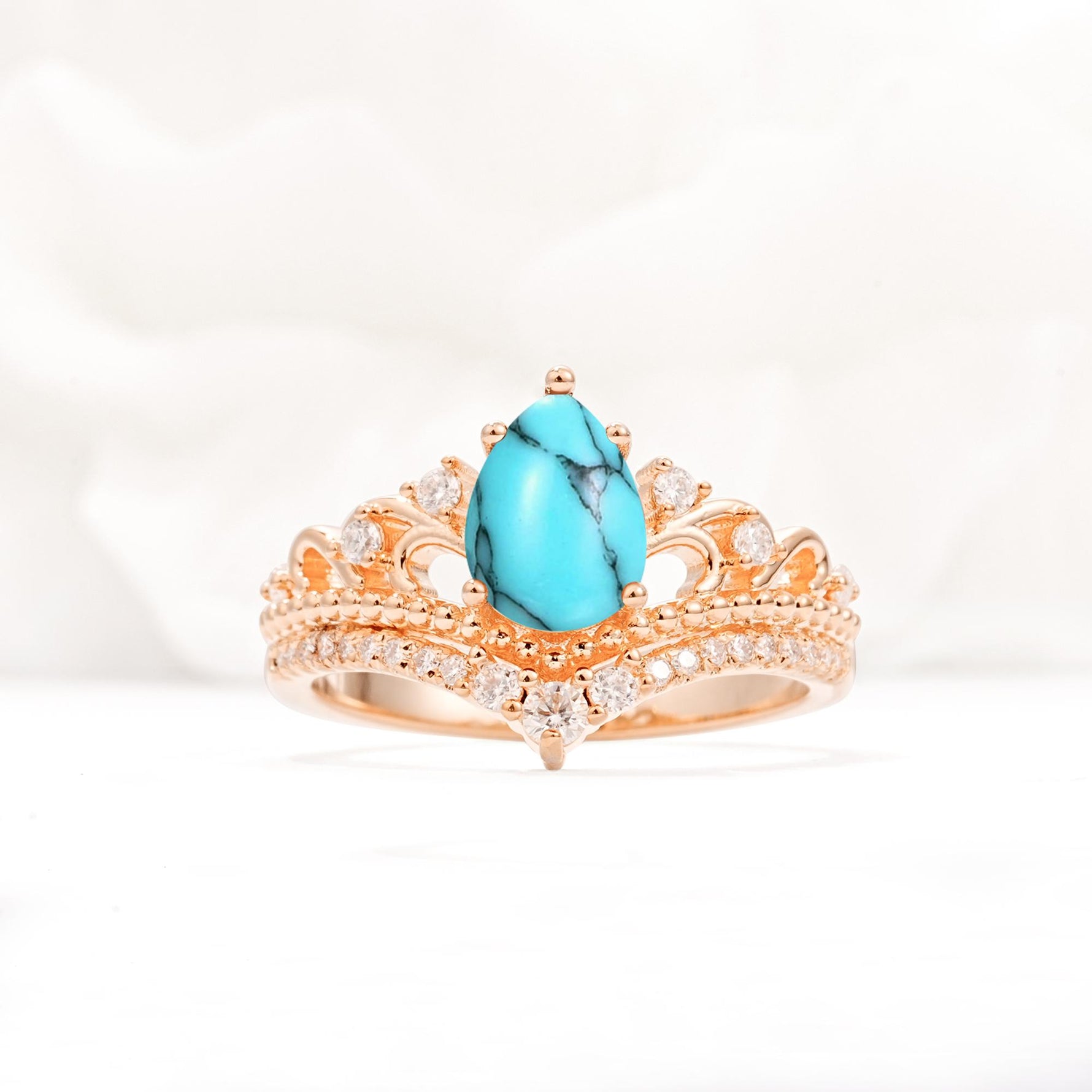 Vintage Pear Cut Turquoise Crown Engagement Ring Set - Additional view