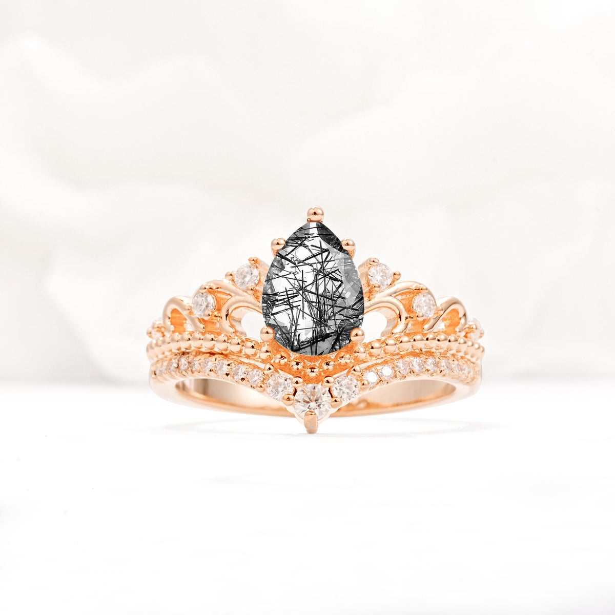 Vintage Pear Cut Black Rutilated Quartz Crown Engagement Ring Set - Additional view