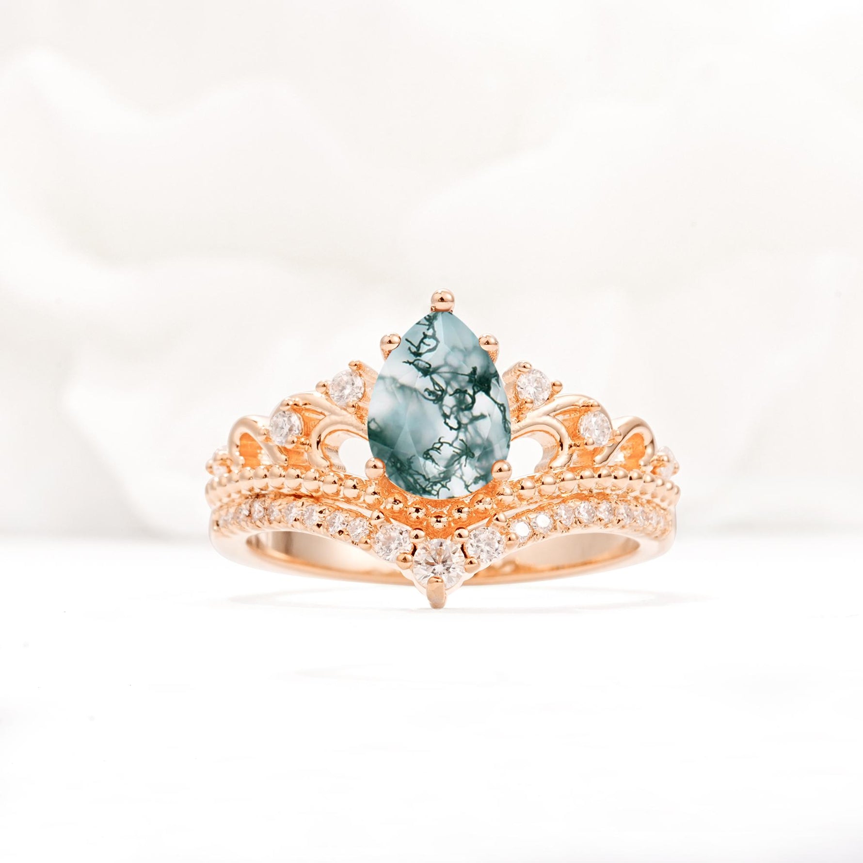 Vintage Pear Cut Moss Agate Crown Engagement Ring Set - Additional view