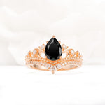 Vintage Pear Cut Black Onyx Crown Engagement Ring Set - Additional view