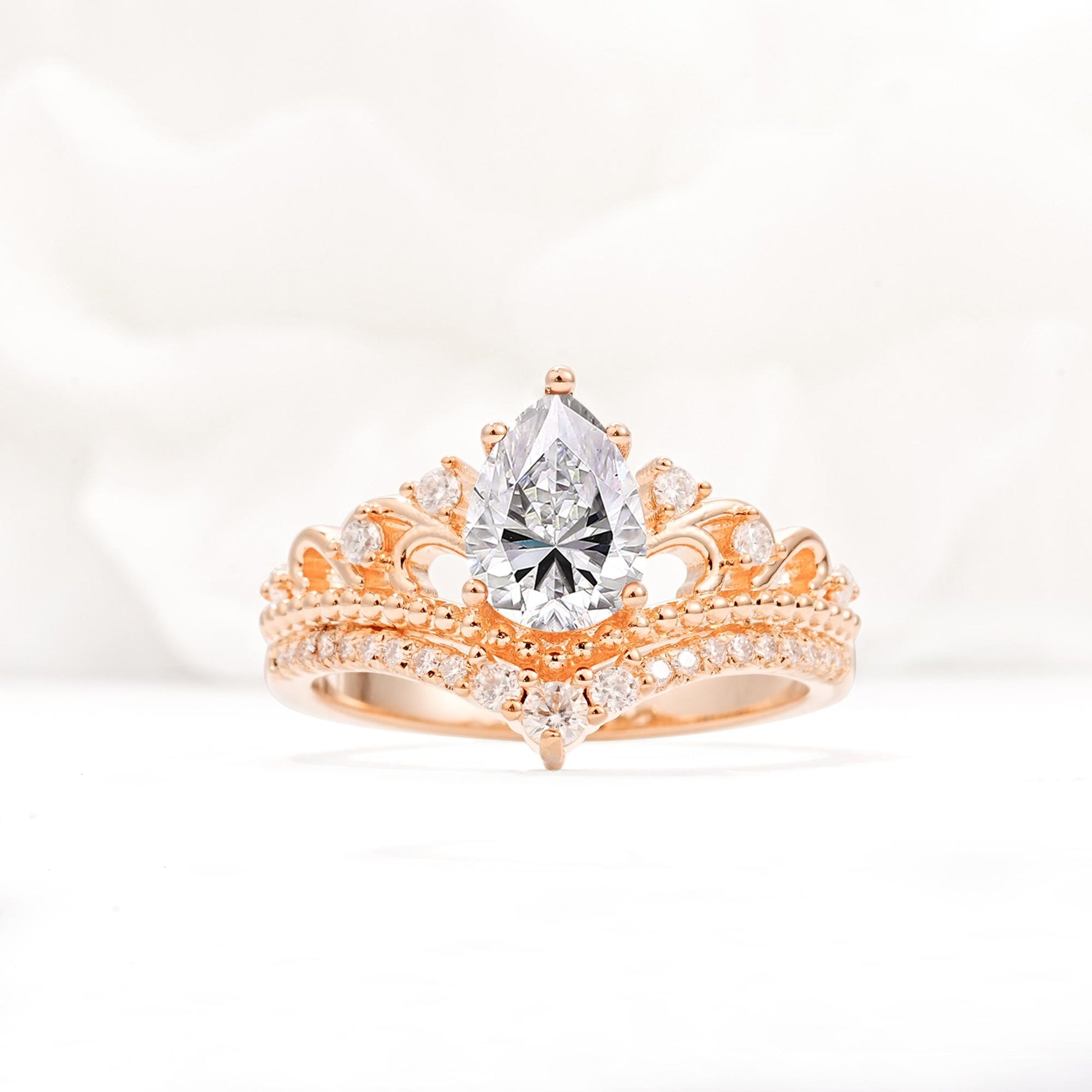 Vintage Pear Cut Lab Diamond Crown Engagement Ring Set - Additional view