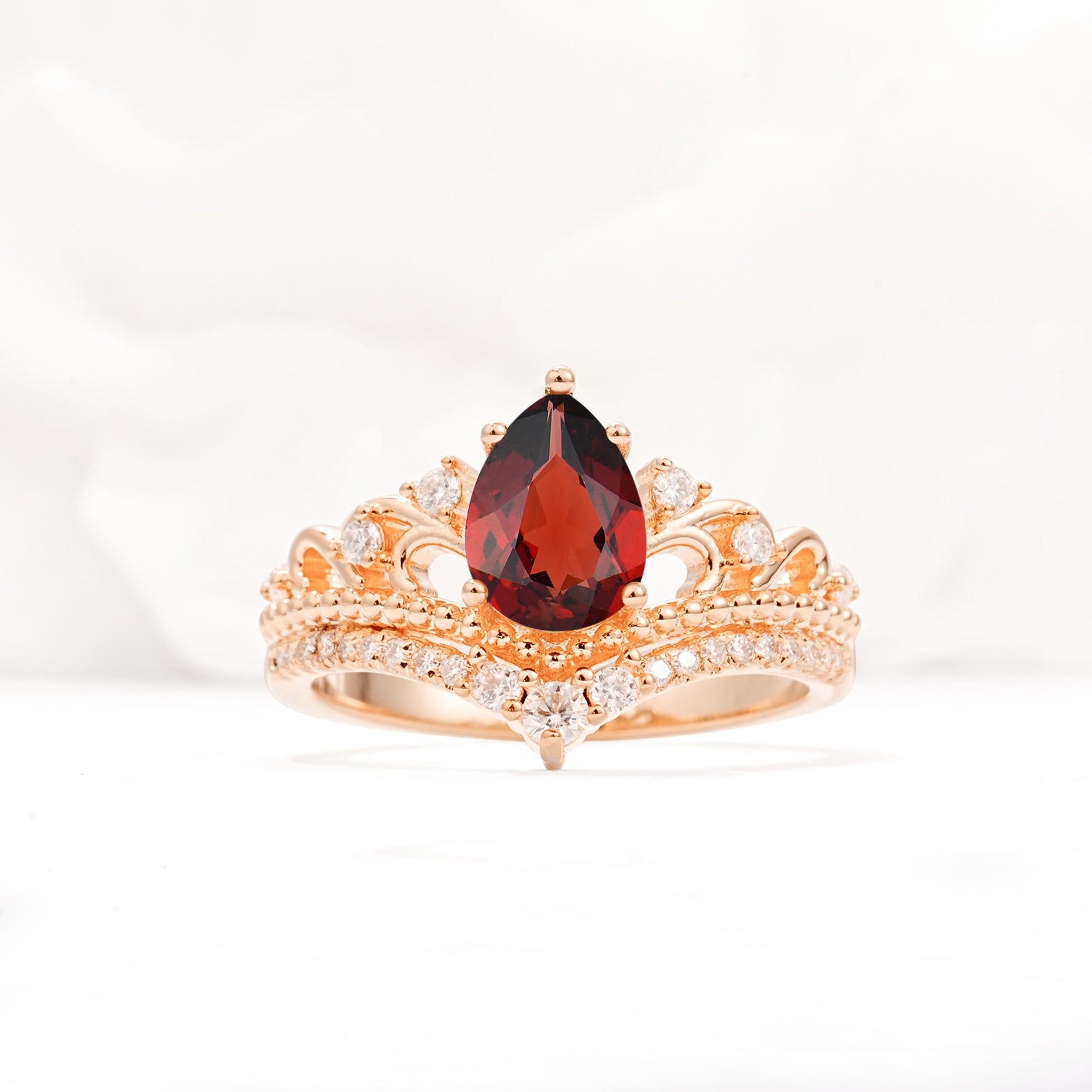 Vintage Pear Cut Garnet Crown Engagement Ring Set - Additional view