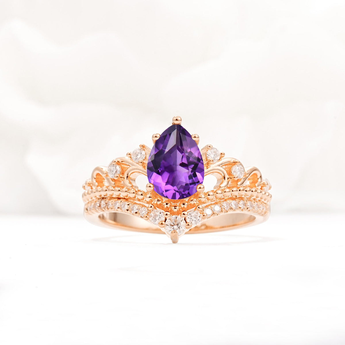 Vintage Pear Cut Amethyst Crown Engagement Ring Set - Additional view