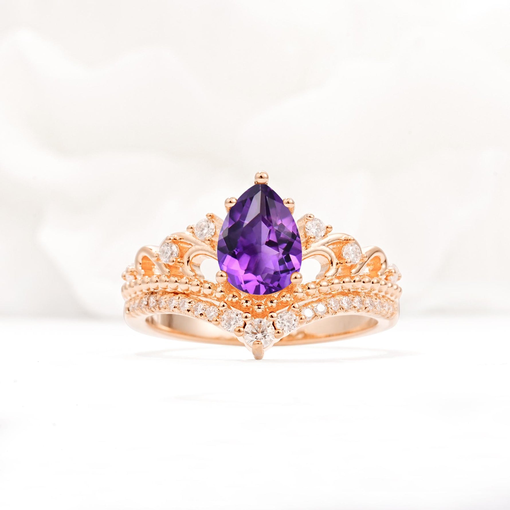 Vintage Pear Cut Amethyst Crown Engagement Ring Set - Additional view