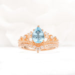 Vintage Pear Cut Aquamarine Crown Engagement Ring Set - Additional view