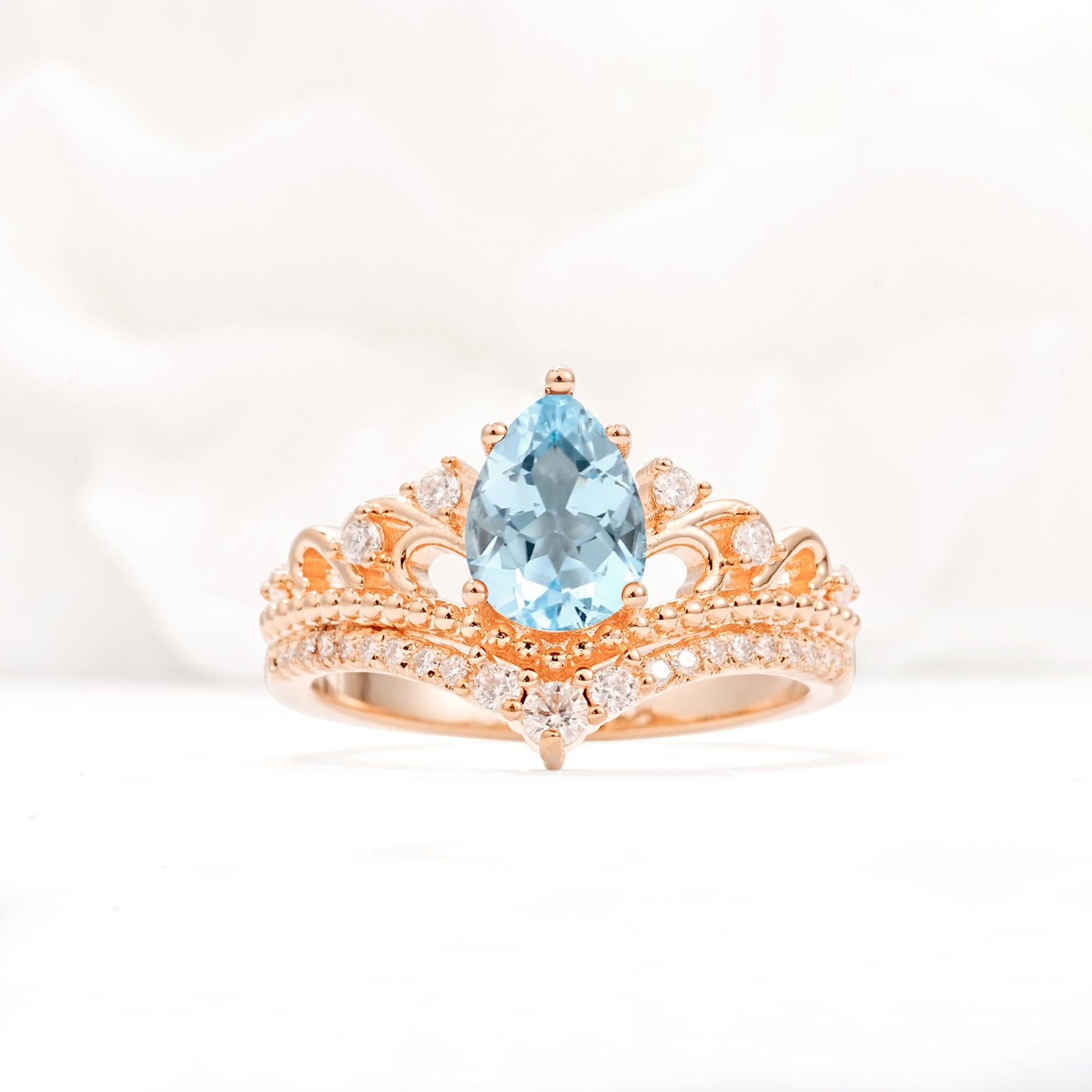 Vintage Pear Cut Aquamarine Crown Engagement Ring Set - Additional view