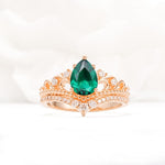 Vintage Pear Cut Emerald Crown Engagement Ring Set - Additional view