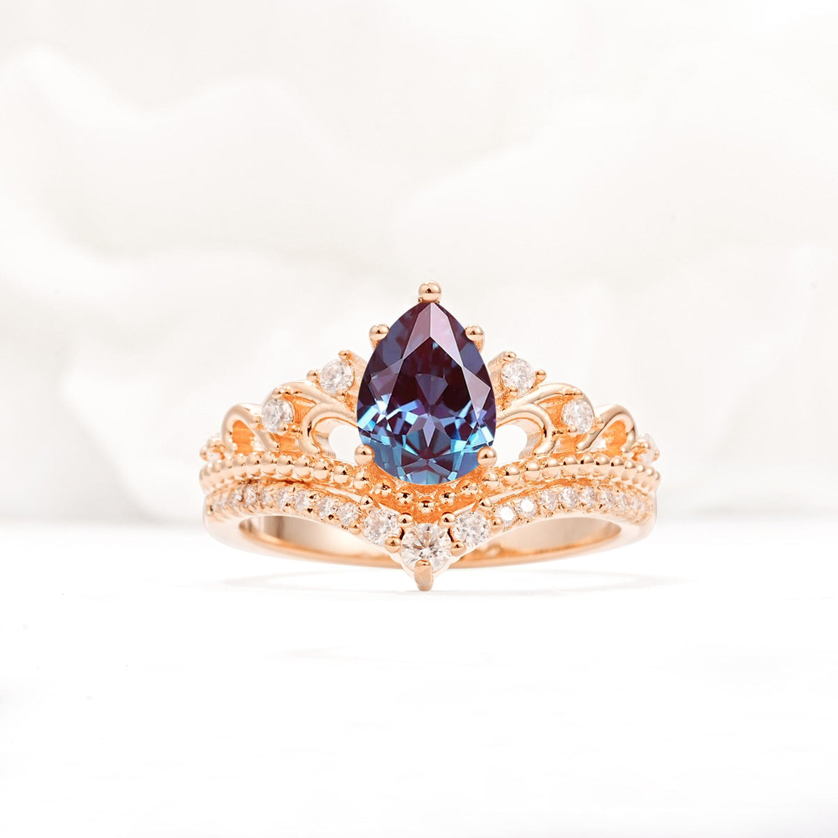 Vintage Pear Cut Alexandrite Crown Engagement Ring Set - Additional view