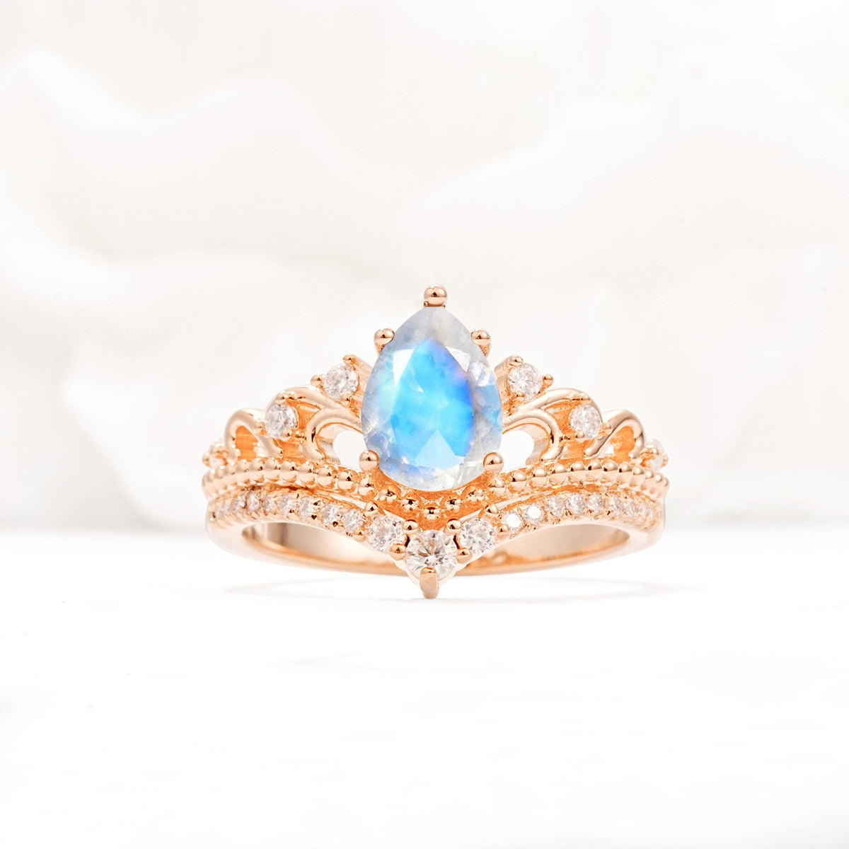 Vintage Pear Cut Moonstone Crown Engagement Ring Set - Additional view