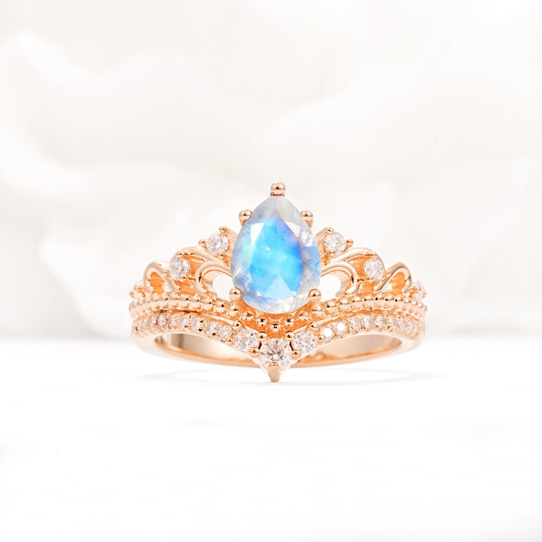 Vintage Pear Cut Moonstone Crown Engagement Ring Set - Additional view
