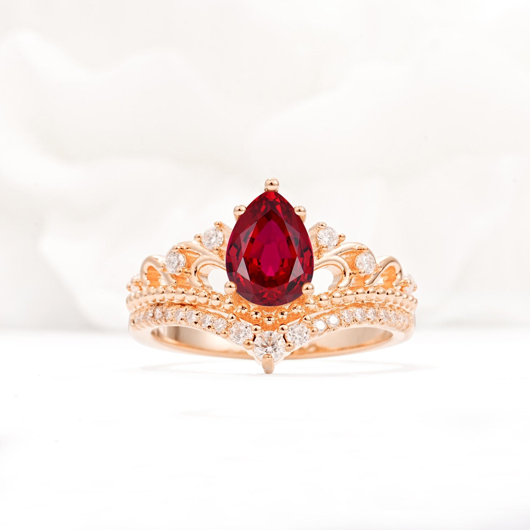 Vintage Pear Cut Ruby Crown Engagement Ring Set - Additional view