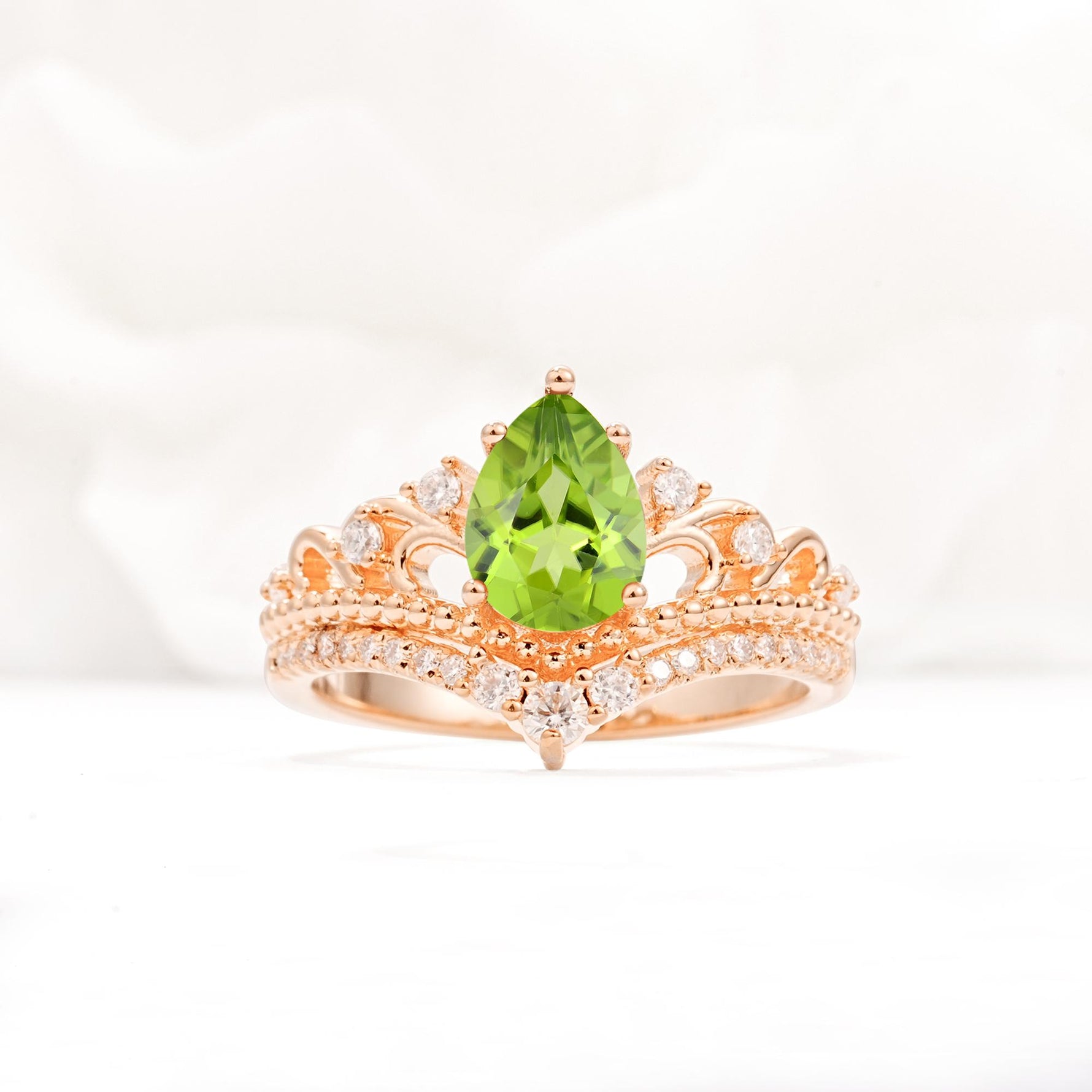 Vintage Pear Cut Peridot Crown Engagement Ring Set - Additional view