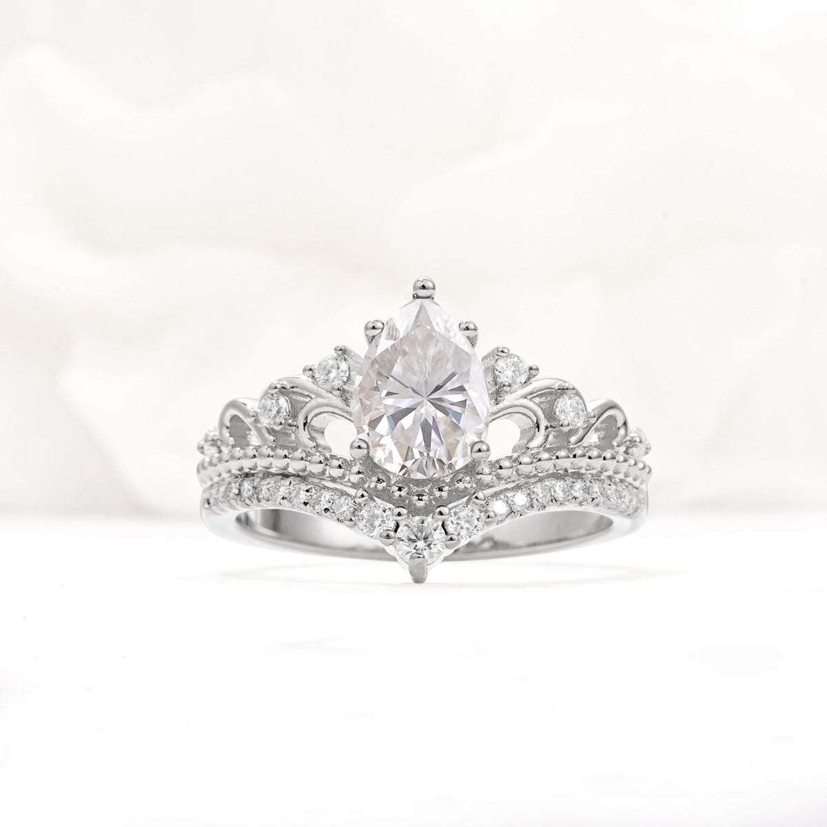 Vintage Pear Cut Moissanite Crown Engagement Ring Set - Additional view