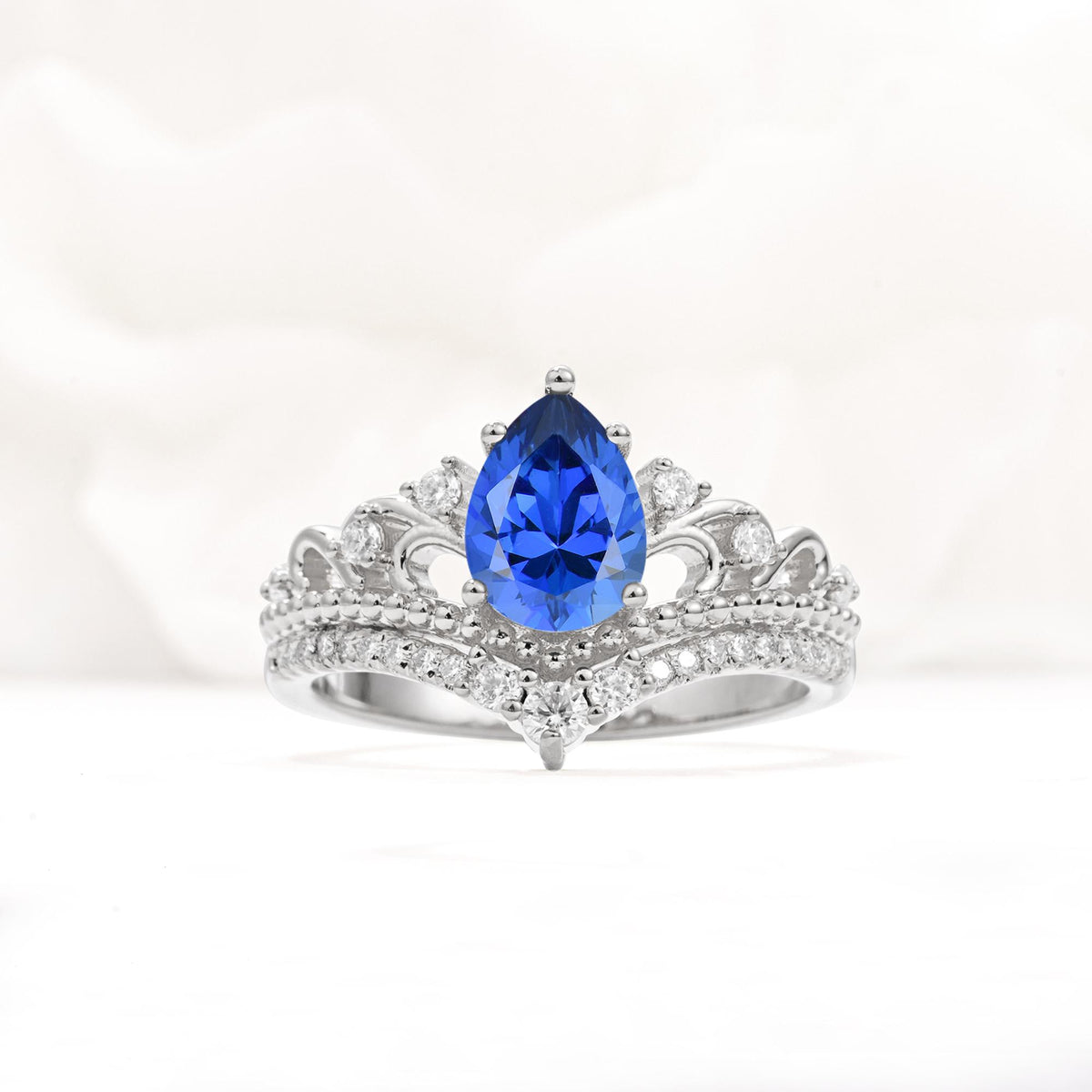 Vintage Pear Cut Sapphire Crown Engagement Ring Set - Additional view
