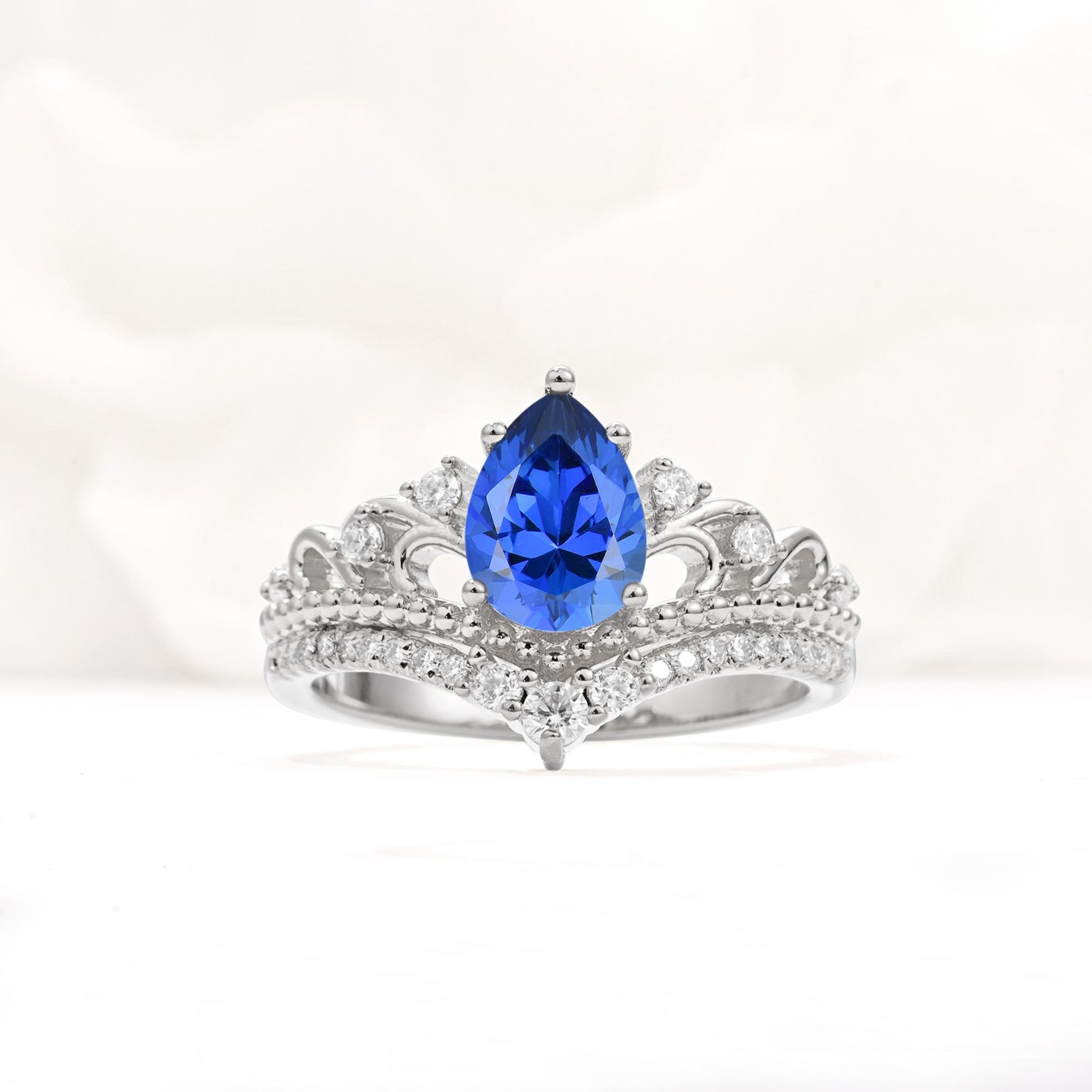 Vintage Pear Cut Sapphire Crown Engagement Ring Set - Additional view