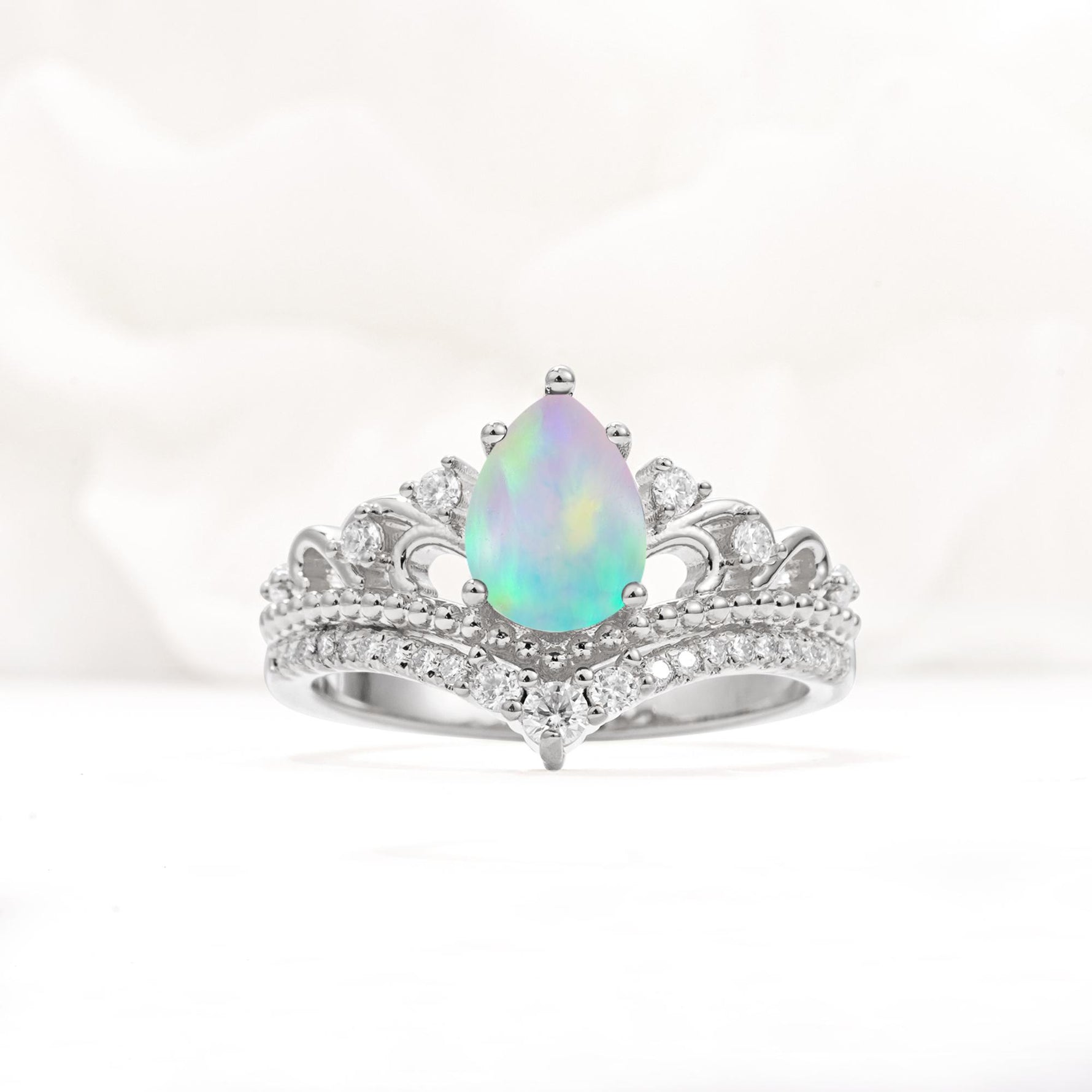Vintage Pear Cut Fire Opal Crown Engagement Ring Set - Additional view