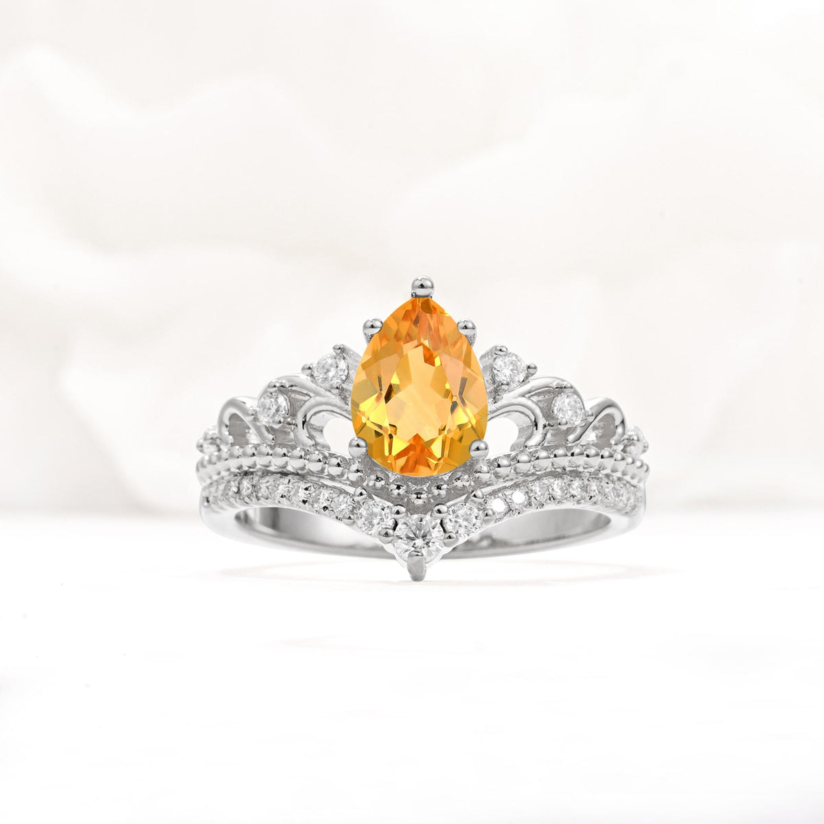 Vintage Pear Cut Citrine Crown Engagement Ring Set - Additional view