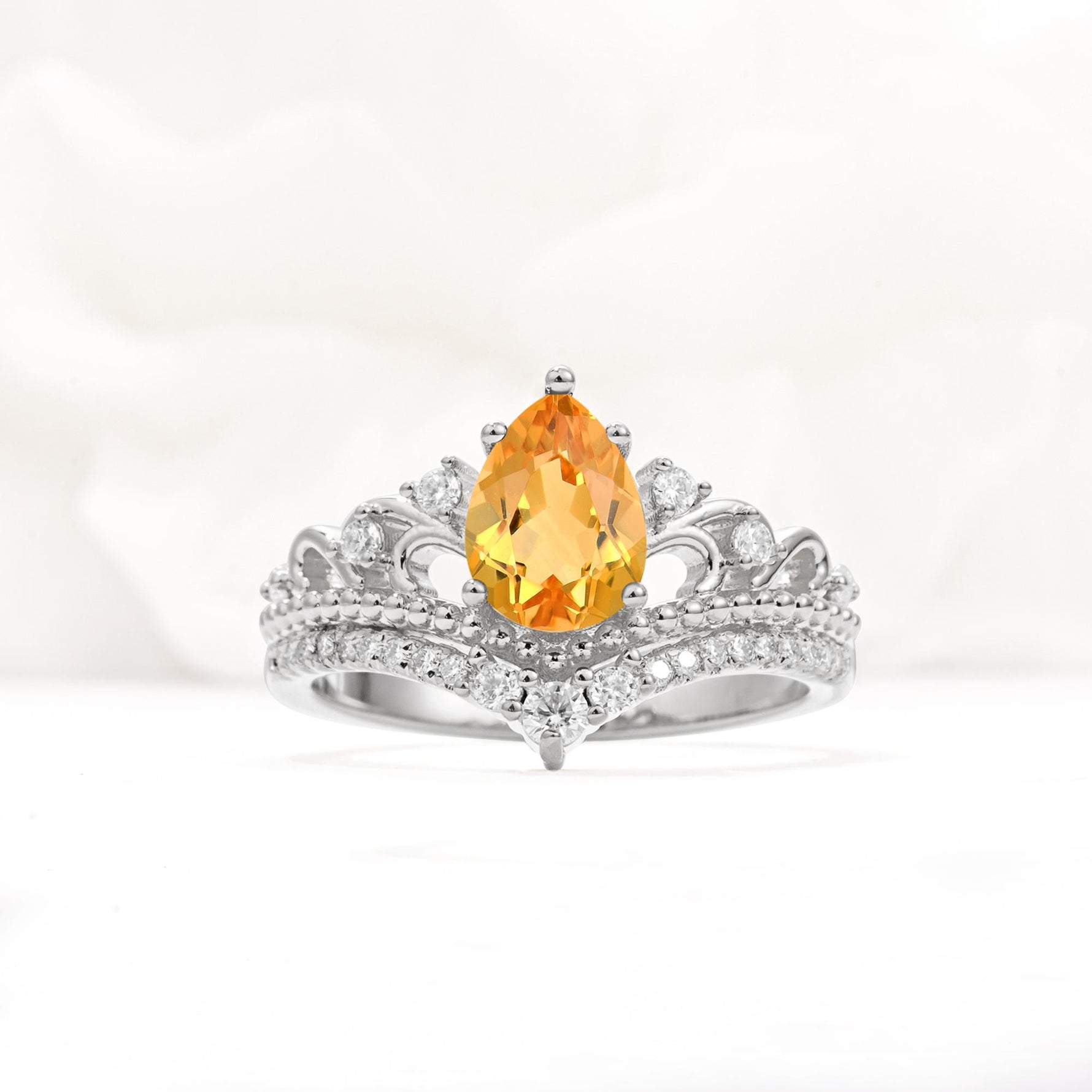 Vintage Pear Cut Citrine Crown Engagement Ring Set - Additional view