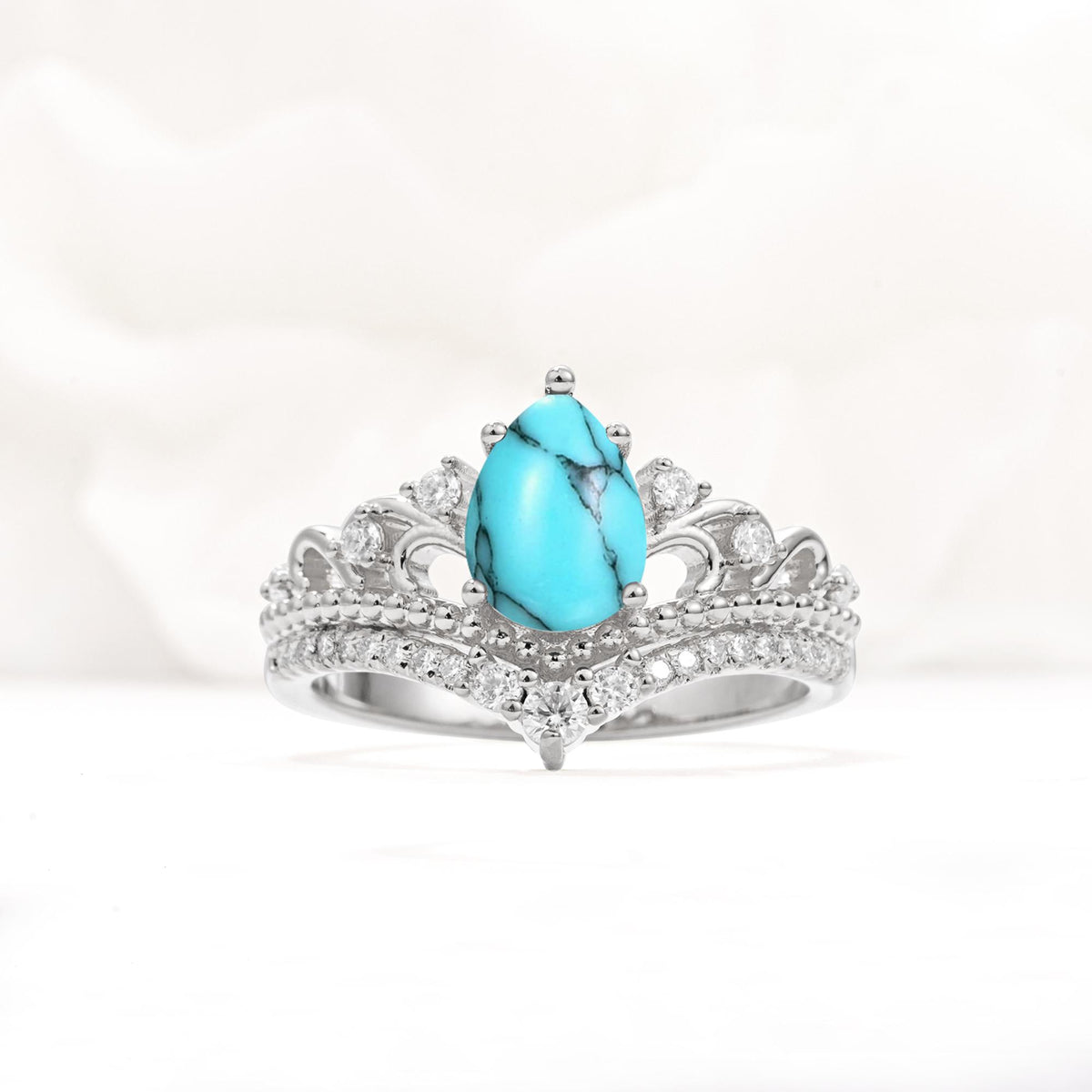 Vintage Pear Cut Turquoise Crown Engagement Ring Set - Additional view
